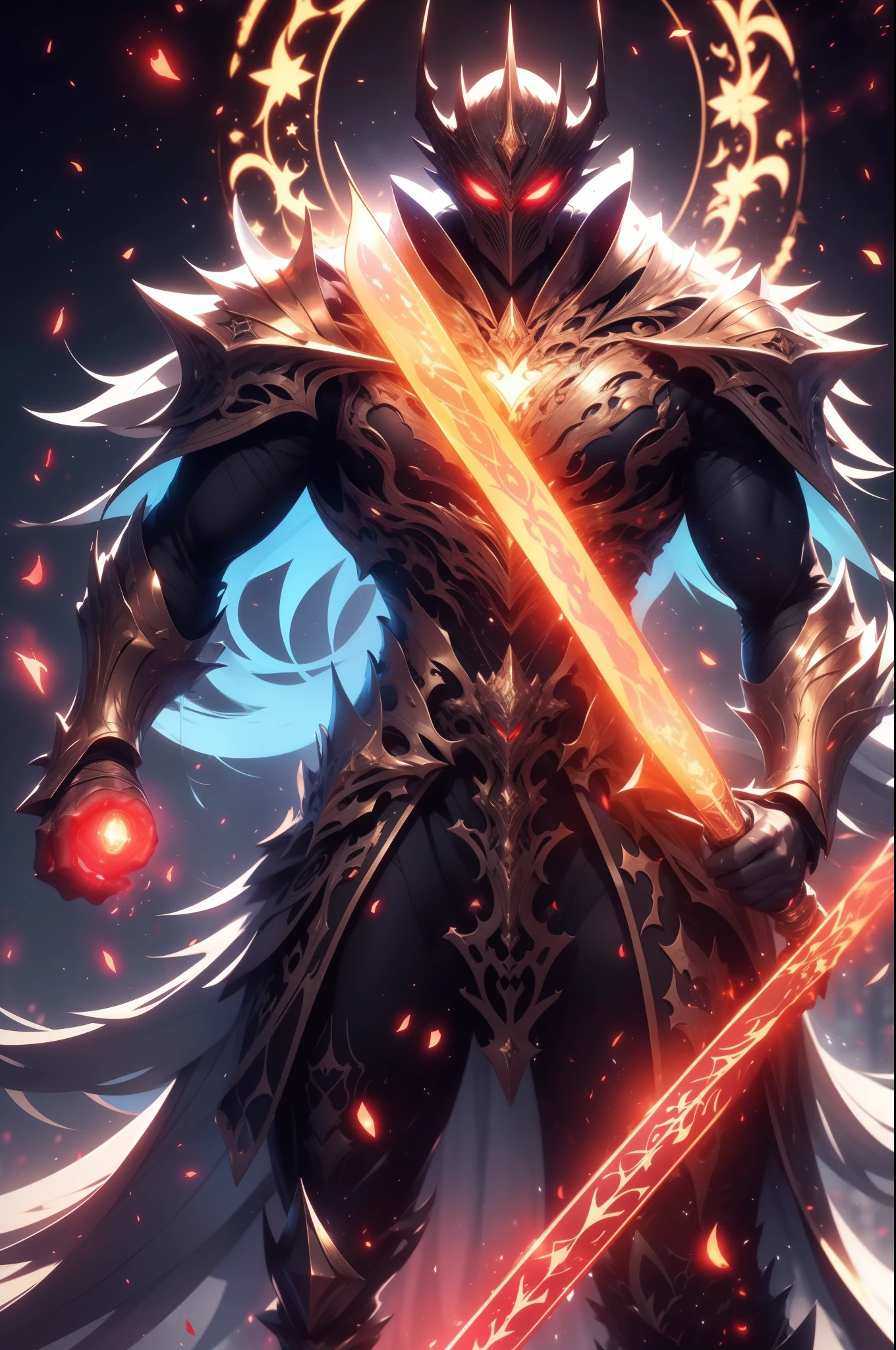 Mago fantasma con espada larga de lava, Mago masculino, Armadura roja y negra de cuerpo completo, Super cool ghost wizard, Magic ball of glowing lava, dynamic  pose, muy alto, ojos brillantes, Uso de mascarilla, Figura alta, Proporciones corporales perfectas, Mirando fijamente al espectador, Luz de borde, avatar, Renderizado de octanaje, batidora, fondo ((Red Game destella bioluminiscencia por todas partes)) De sangriento campo de batalla, ....3d, c4d, La mejor calidad, Altamente detallado, ancient technology, HDR (High Dymanic Range), Trazado de rayos, NVIDIA RTX, Super resolution, Irreal 5, Subunderground dispersion, Textura PBR, Post-procesamiento, Anisotropic filtering, Profundidad de campo, Super sharp and crisp, Texturas multicapa, Albedo y Highlight Maps, Sombreado de superficies, Precise simulation of light-material interactions, proporciones perfectas, Renderizado de octanaje, two-color illumination, ISO bajo, balance de blancos, Regla de los tercios, Amplia apertura, 8K RAW, High Efficiency Sub-Pixel, Convolution subpixel, glow particles, Light scattering, El efecto Tyndall
