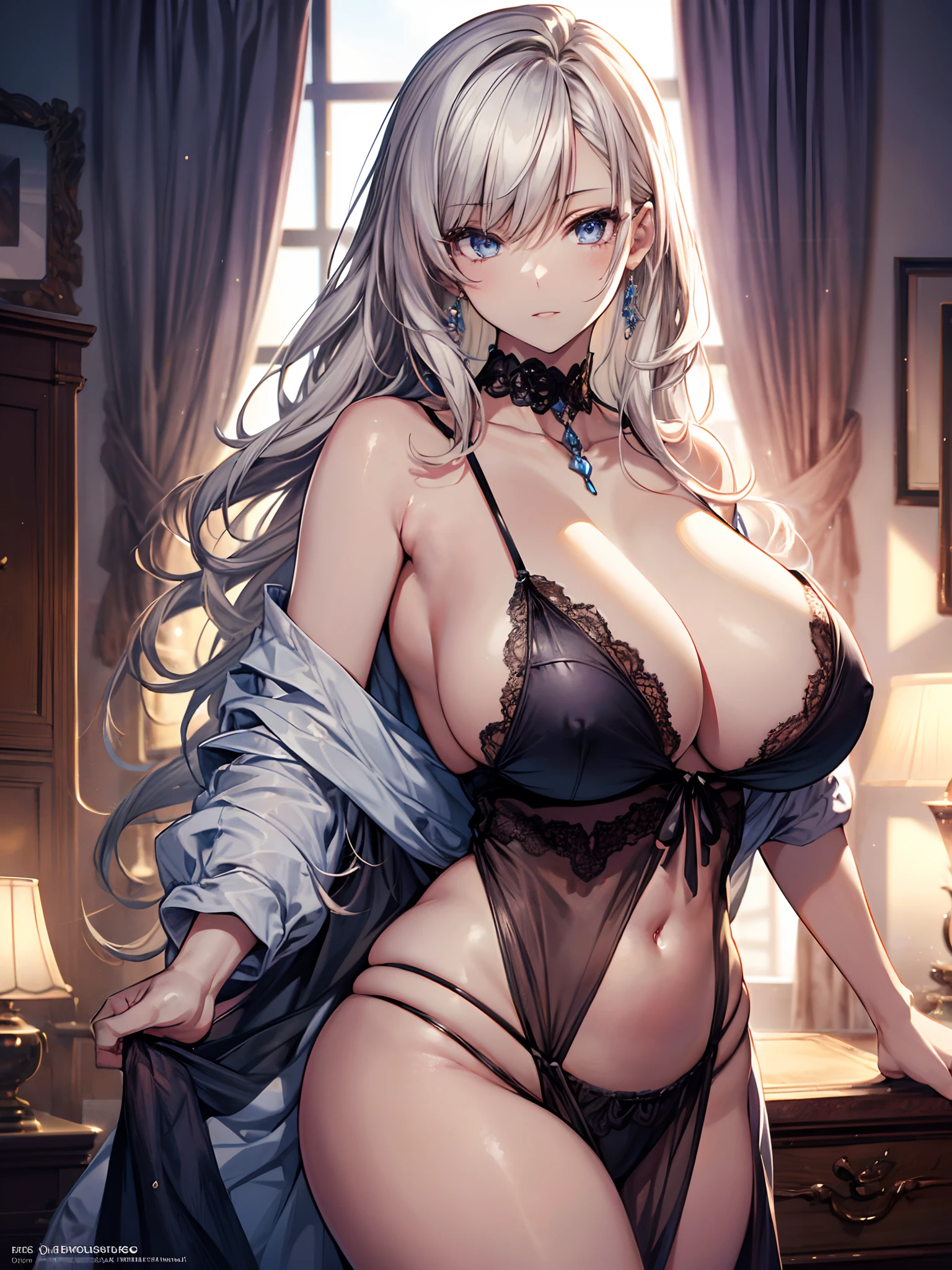 Absurdres,(masutepiece ,Best Quality,Insanely detailed), Absolutely beautiful woman,(Solo),(sagging large boobs:1.2),(curvy:1.2),Perfect figure,(negligee :1.3),detailed and beautiful eyes,Twinkle Eyes,Glossy lips, Perfect Anatomy , Perfect five fingers,Attractive,amazing, superfine illustration