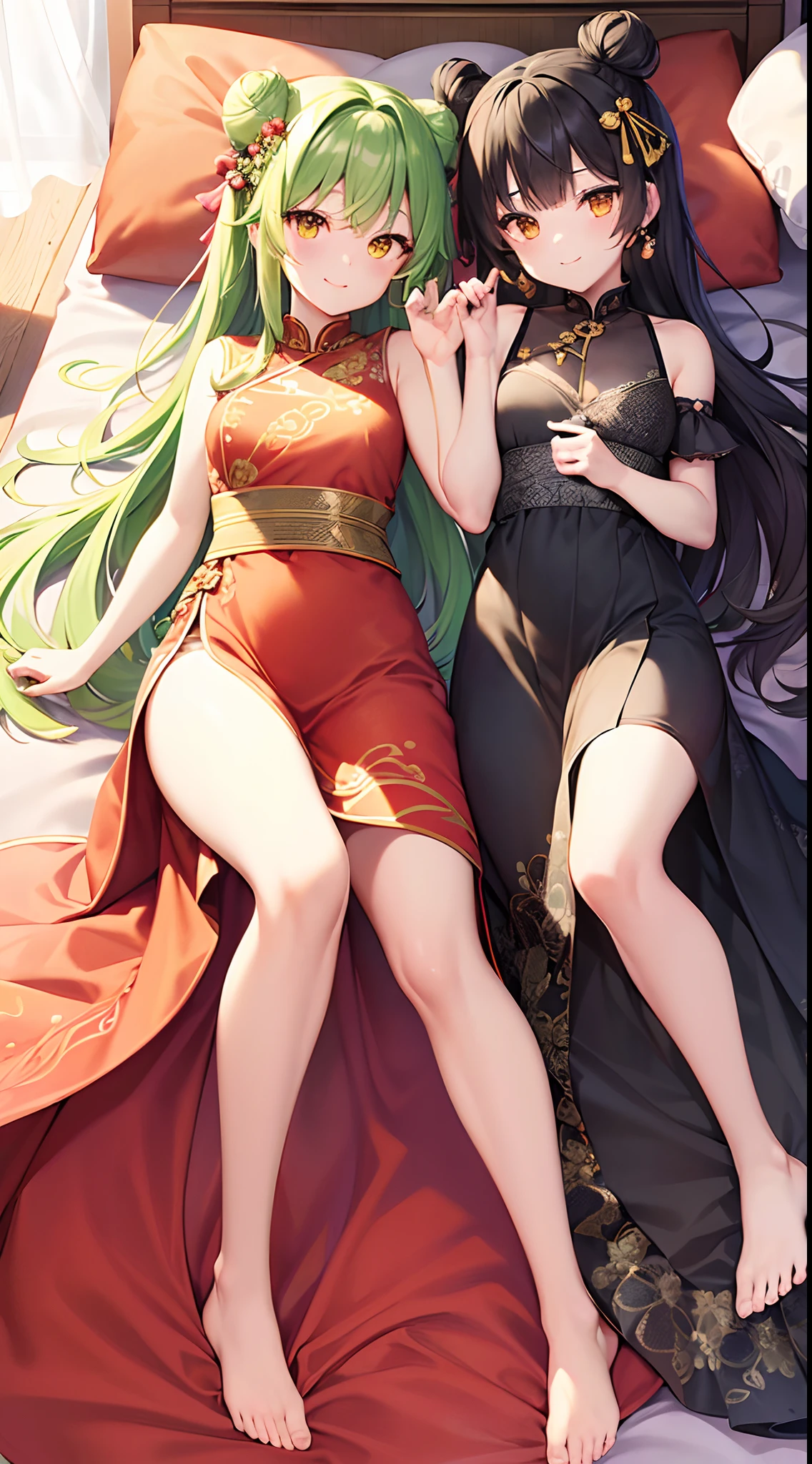 (top-quality), (masterpiece)、(ultla detailed)、(a beauty girl:1.3)、Lori、cute little、orange chinese dress、sleeveless、slit、Colorful floral pattern、(Bun hair)、Green hair、Longhaire、(Yellow eyes)、A smile、(18year old:1.3)、Medium chest、(Longhaire)、(Short sleeves)、(Daytime:1.2)、Maxi length、Luxurious embroidery、(Standing)、Luxurious hair ornaments、(Bedrooms)、Luxury bed、Unfold the fan、From the front、FULL BODYSHOT、Indoor、Slender feet、(Black Knee High)、