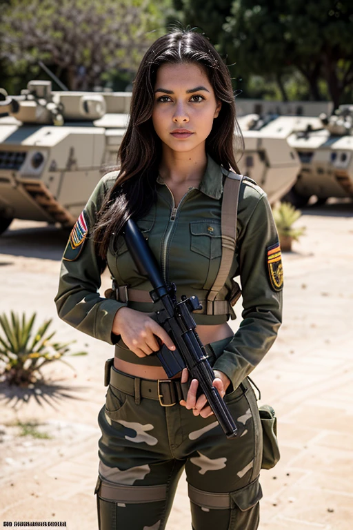 una mujer con un traje militar sosteniendo un rifle y posando para una foto, (((NSFW))), con rifle, portando un rifle, de una francotiradora en la guerra, Military girl, soldier girl, fuertemente armado, Listo para el combate, Hermosa mujer soldado, bikini + Equipo militar hecho jirones, Infantry girl, sosteniendo un rifle, Foto de perfil, cintura - disparo, Sosteniendo el rifle, Disparo desde un lado