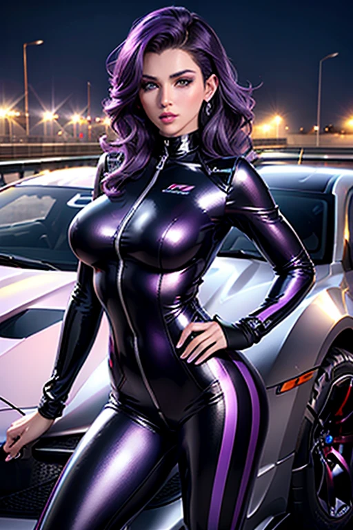 A girl wearing a Pilot Suit leans on a car ,Race Queen,, Racetrack at Night, Neon lights , Spotlights, blushing face , Dark and purple hair, Eye Shadow,, Shiny Hair (Best quality:1.1), (Masterpiece:1.4), 1fille, (cheveux volumineux)+ , ((cheveux)++, cheveux longs , (Yeux Bleux) , (big lips)+, peau brillante, brillant, Detailled car, High resolution, good proportions