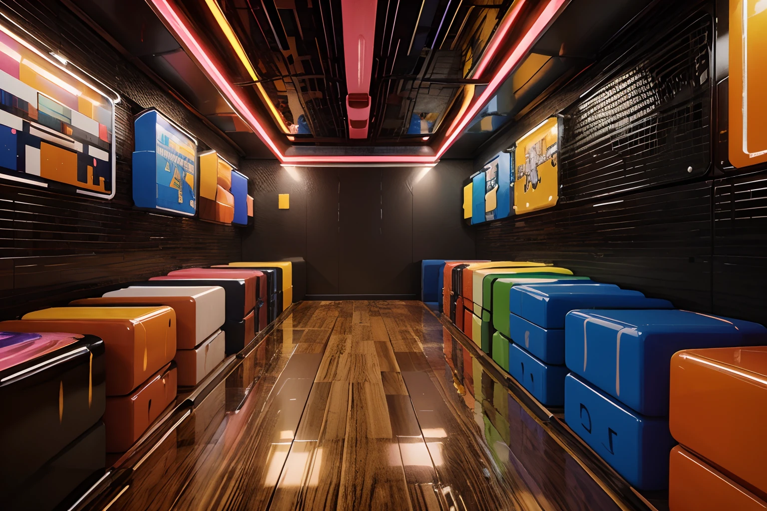 infinite number of Rectangular wood blocks with glossy plastic like colors , floating on a colorful 3D ink splashes all around, anime, painting, poster, 3d render, photo, cinematic, vibrant, product