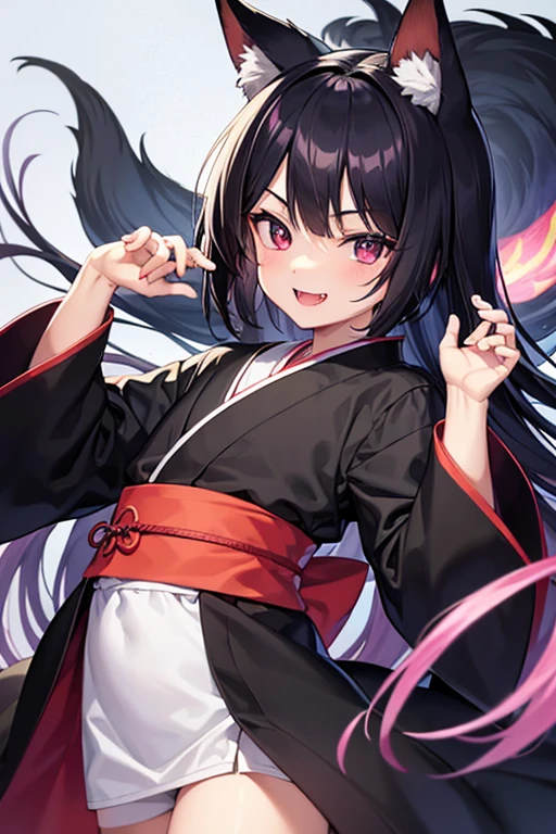 masterpiece, best quality, anime illustration of a young asian boy, 1boy, male focus, otoko no ko, solo, kitsune, fangs, pale skin, violet eyes, tsurime, hime cut, straight hair, black hair, long hair, kemonomimi, animal ears, black fox ears, japanese clothes, kimono, face portrait, looking at viewer, vibrant colors, edo period, feminine, flat chest, mischievous, smile