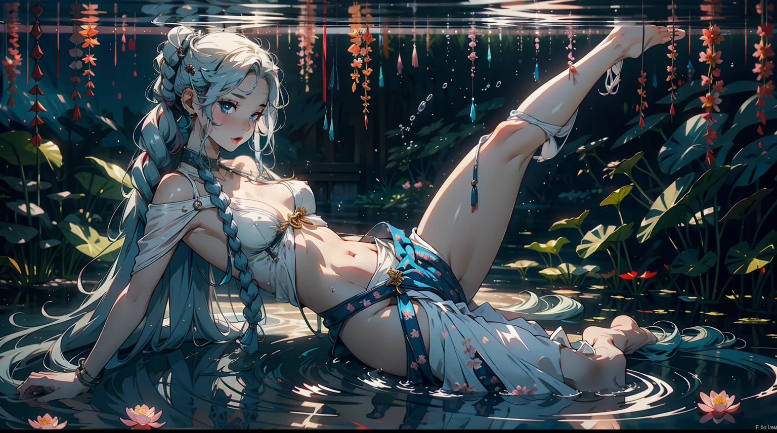 (Background with:ponds,Cherry blossom forest,lotus flower)Lie underwater, She has white long hair,Twist braids,seen from the front,mostly cloudy sky,(((tmasterpiece),(Very detailed CG unity 8K wallpaper),best qualtiy,cinmatic lighting,detailed back ground,beatiful detailed eyes,Bright pupils,Blue eyes,Snow-whiteskin,Redlip(Very fine and beautiful),(Beautiful and detailed eye description),ultra - detailed,tmasterpiece,))facing at camera,A high resolution,ultra - detailed),revealing breasts,Bare genitalia, Bulge,legs are open,Raised sexy,Camel toes,Desire for dissatisfaction,frontage,(Wearing :耳Nipple Ring, jewely, Denim apron, Bare )