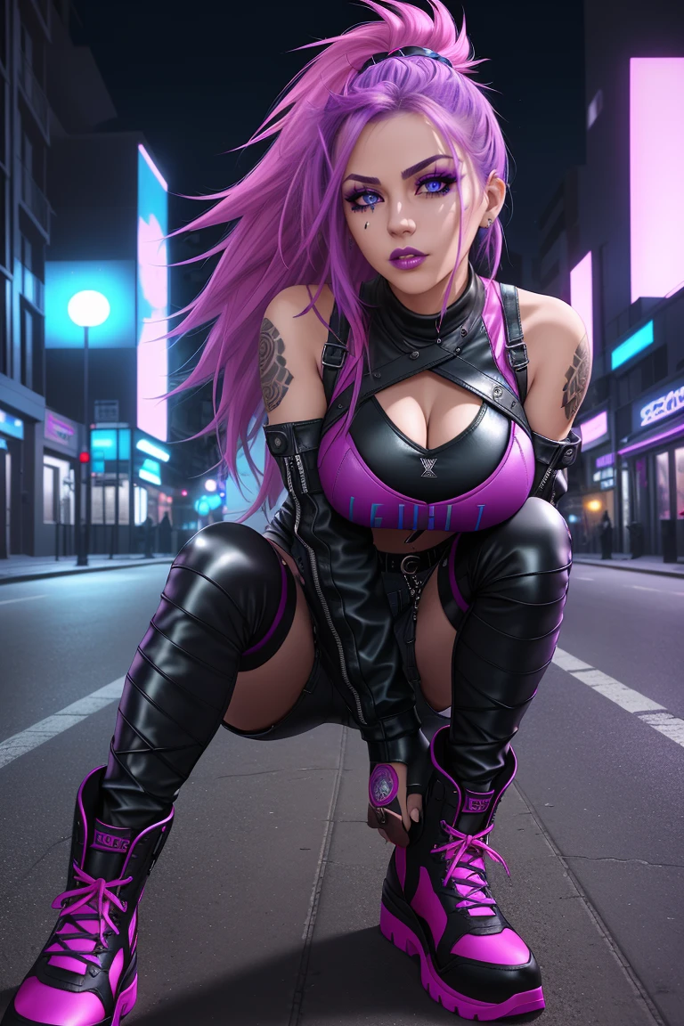 beautiful girl, full body, short bright blue and magenta streaked dishevelled hair, large blue piercing eyes, black eyeshadow, (street style wear:1.2), ((tight fitted pants)), ((knee high leather boots)), (city night background:1.2), dark makeup, digital art, trending on artstation, highly detailed, fine detail, intricate,  beautiful detailed glow, detailed, Cinematic light, high-res, detailed facial features, sharp focus, smooth, aesthetic,