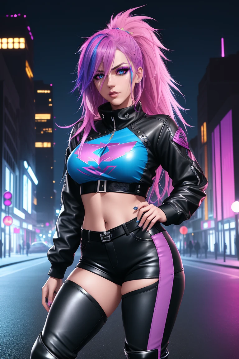 beautiful girl, full body, short bright blue and magenta streaked dishevelled hair, large blue piercing eyes, black eyeshadow, (street style wear:1.2), ((tight fitted pants)), ((knee high leather boots)), (city night background:1.2), dark makeup, digital art, trending on artstation, highly detailed, fine detail, intricate, beautiful detailed glow, detailed, Cinematic light, high-res, detailed facial features, sharp focus, smooth, aesthetic,
