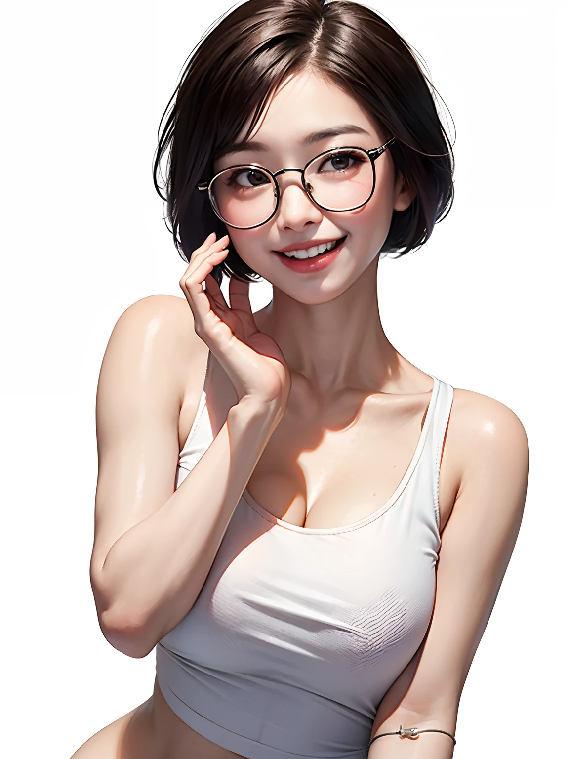 Thai woman with glasses with short hair smiling tongue poking at the corner of her mouth White background