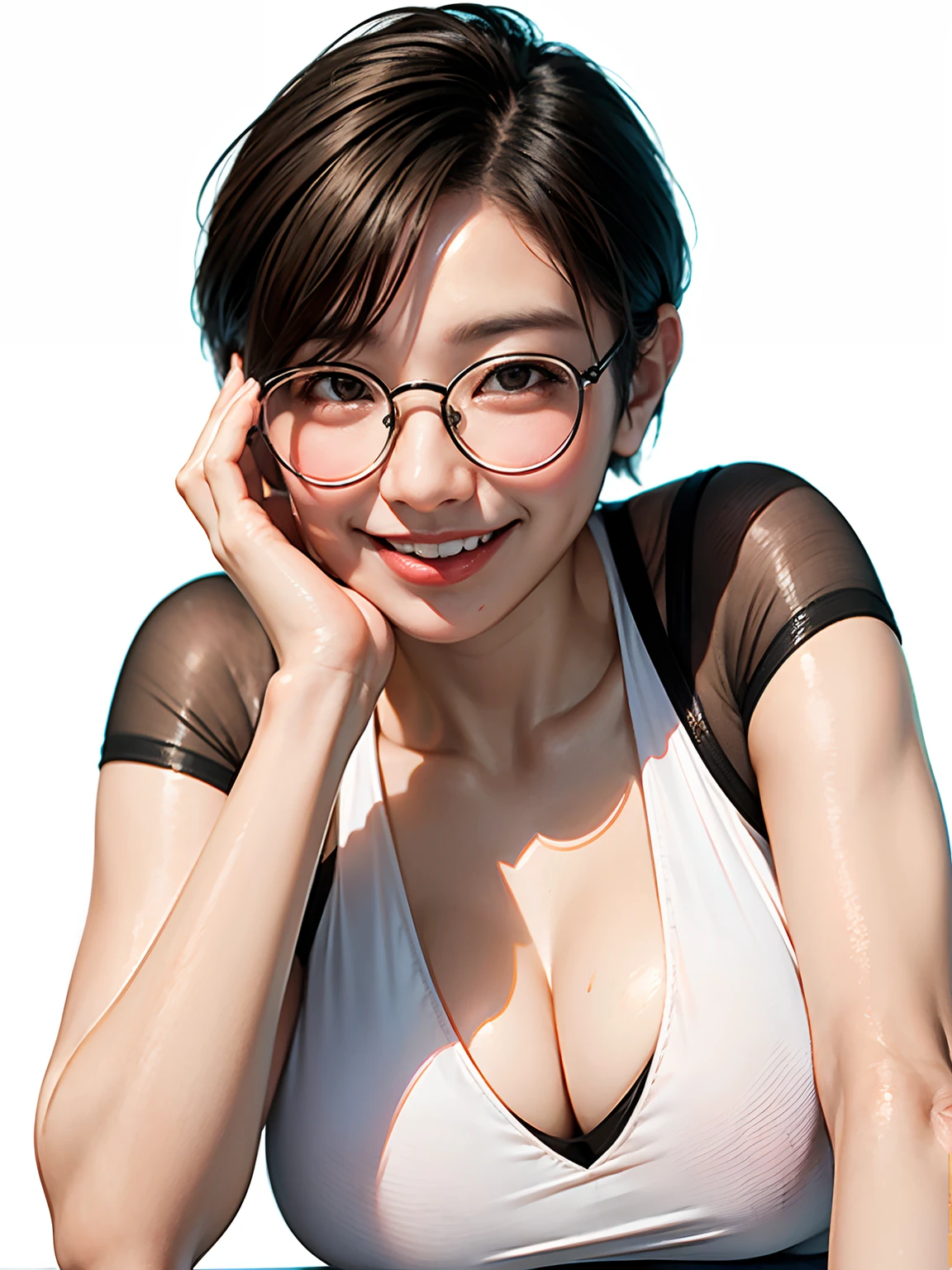 Thai woman with glasses with short hair smiling tongue poking at the corner of her mouth White background