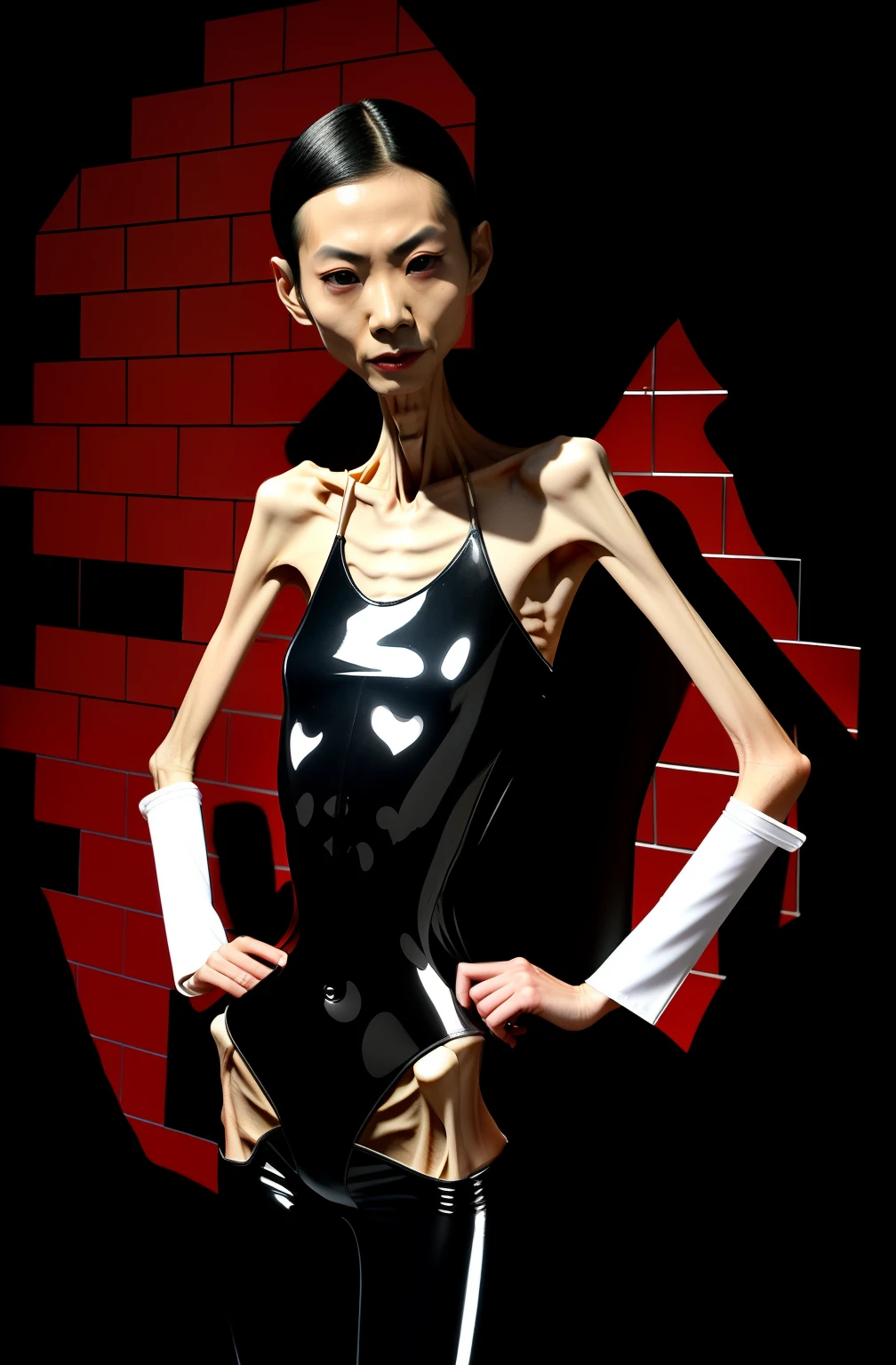 Extremely thin man, A thin body,Protruding sternum,The waist is slender,The ribs are noticeable,Protruding ribs,The pelvis is very pronouncedly protruding,The pelvis is markedly elevated,White skin of the,Thin shoulders,Very slim waist,Extremely skinny,Sunken abdomen,Vacuum belly,Skin and bones,short detailed hair,Haggard face,Wear tight latex clothing,Asian face,The body is as thin as a skeleton,look of anguish,Hunger and weakness,Incompetent men