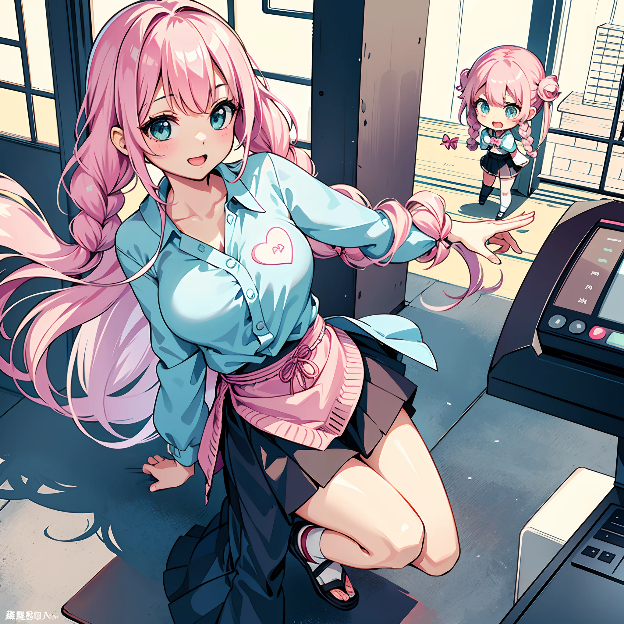 One girl. (masutepiece, of the highest quality, Kyoto Animation Style Illustration, of the highest quality, Official art, aesthetics, Beautiful details, :1. 2), BREAK, (17 years old girl), Very detailed, colourfull, highest details, BREAK, (1 beautiful girl, Solo,(cute:1.5),(Chibi:0.8), (kawaii:1.5),(loli:0.5),break ,{heterochromia,pale blue eyes,pale green eyes:1.5}, star eye silhouette, standing figure, happy, :d, break,((pale pink hair, twin braids, semi-long hair, bow: 1.5)), thin hair, break,large breast,Open legs,Angle from below,The skirt turns over in the wind,Strap panties visible,BREAK,In front of the convenience store cash register,Being in front of the cash register,Have new pants,Multiple guests,The high school boy behind me is embarrassed,Female clerk with puzzled face,
