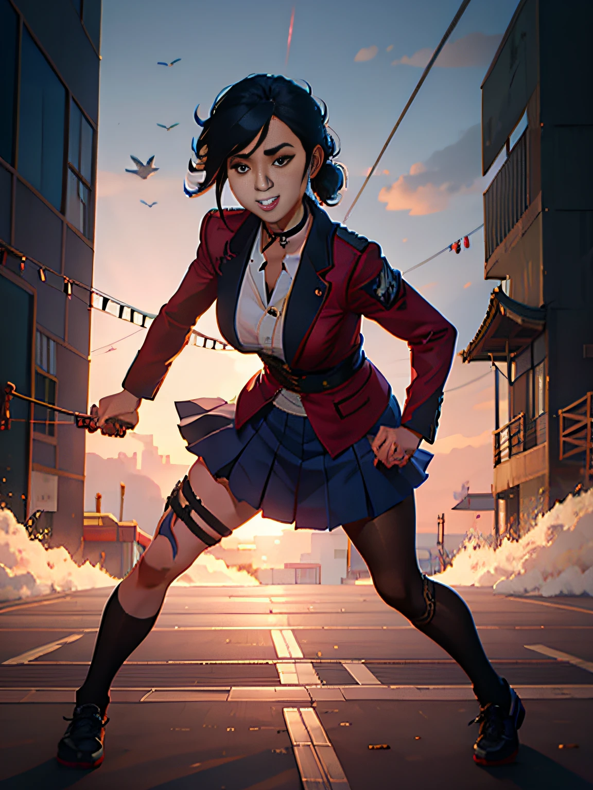 Female, Japanse woman, school uniform, determined look, full body tattoos, smile, teeth with braces, yakuza