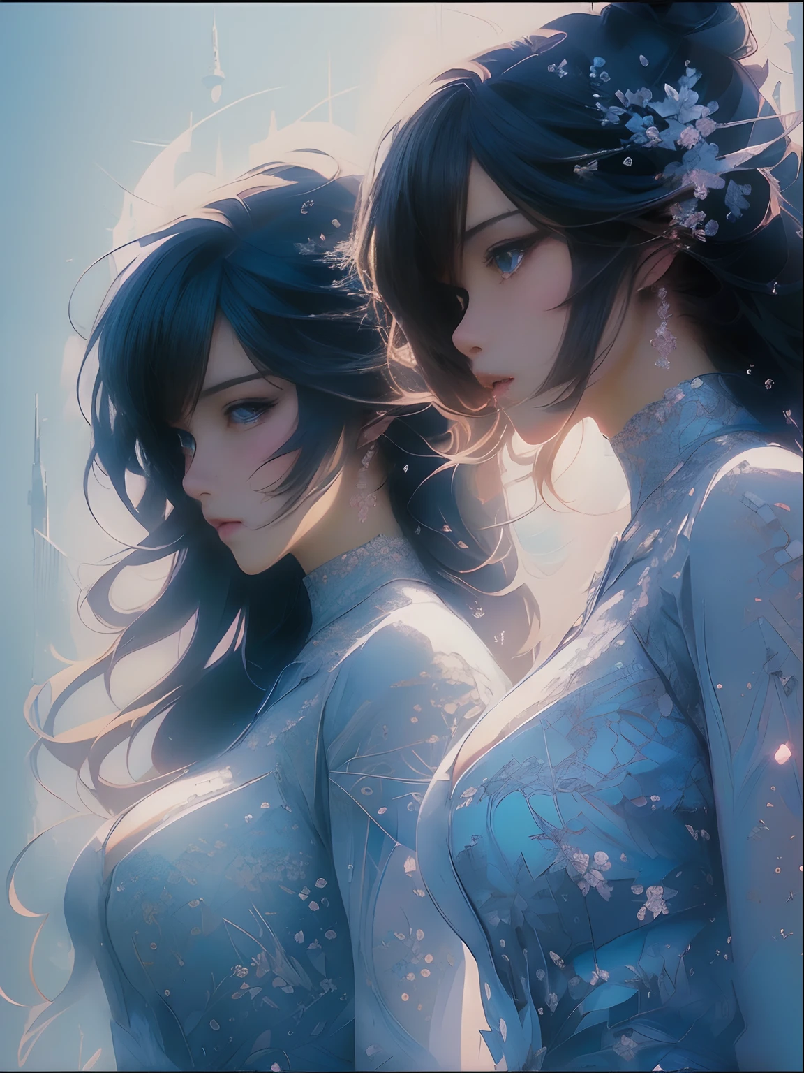 (anime),(cute)(masterpiece), (best quality),1girls,upper body,(double exposure:1.2),(simple background:1), (cinematic angle),(dynamic angle),messy long hair,(low contrast),(flat color:0.7)