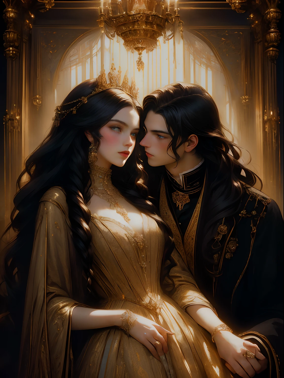 Lily Collins, who has curly black hair, wears a medieval dress. the Neels Visser wears a medieval military outfit and has blonde hair. The couple is waltzing in the ballroom. The illustration is like a book cover with a detailed, bright, illuminated, ultra detailed background, conceptual art, elegant, art by Stjepan Sejic