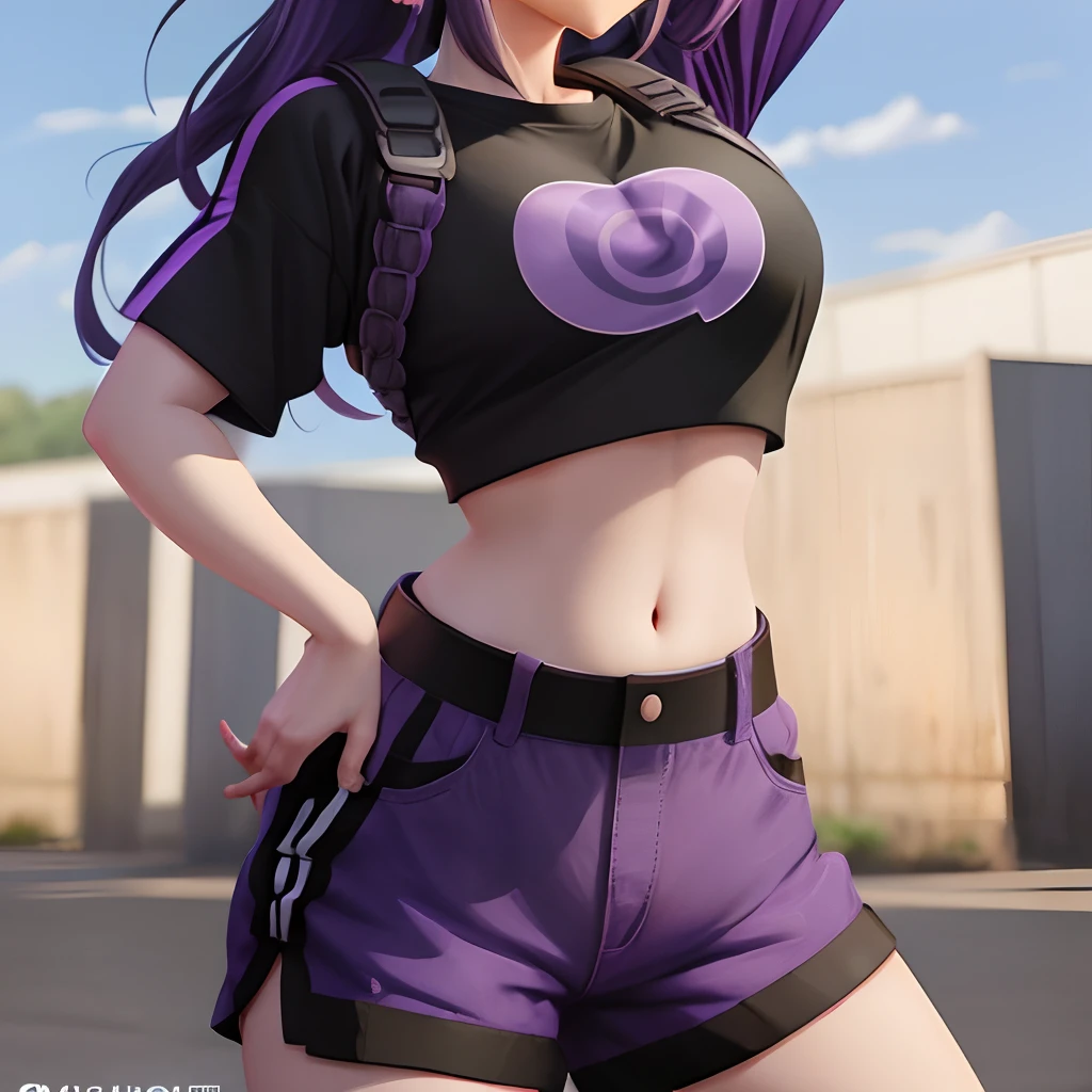 Anime girl waifu medium size body in crop top and a micro shirt with a patter of black and purple naruto