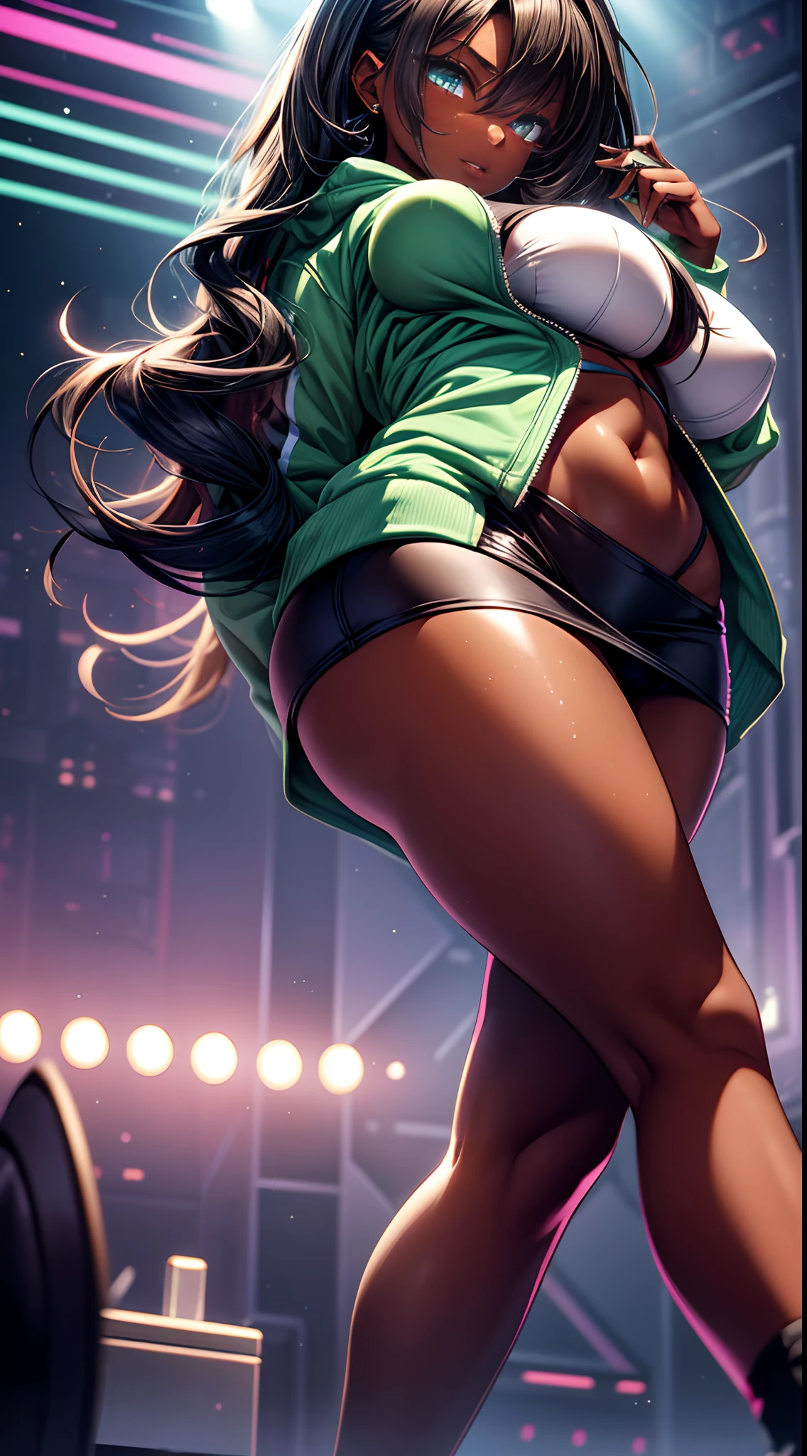 Dark-skin hip hop starlet performing, twerking her ass on stage with a mischievous and impish smile, showing her thong and sweaty . She is statuesque with a heart-shaped face,vivacious brown eyes, flowing wavy black dragonbraid hair. She wear a skin-tight and sleek, bluish-green colored crop hoodie adorned with a four-point star on the chest of a darker shade outlined in white. Brownish-yellow, slightly heeled, knee-length sneakers; and a red micro skirt with a split on the left side trimmed in black. She is strong tone and thick with a hourglass physique with large breast, large butt, heart hips, long sensual legs. She sensual curvaceous, powerful, and musclar,) (masterpiece, ultra-detailed, perfect details), (extremely fine and beautiful, face, eyes, and body) (detailed face, eyes, lip), shiny skin, oil skin, shiny hair, sense of depth, depth of field, (from above,) dynamic angle, scenery, dramatic lighting, volumetric lighting, golden hour, dangerous tease (lots of stars),( city night, stage, hip hop concert black and blue interior, strobelight)