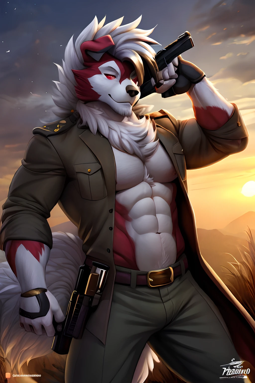 seguro, Beautiful, incredible, impressionante, poster, sozinho, (Twilight Lycanroc), antro, Clothes, usando roupas da segunda guerra alemanha , jaqueta de couro, with a gun in hand, com chapeu de general, Pants, Antecedentes detalhados, cidade, Outside, corpo fisico forte, grande peitorais estufados marcado na roupa de guerra alemanha grandes, macho, man, men