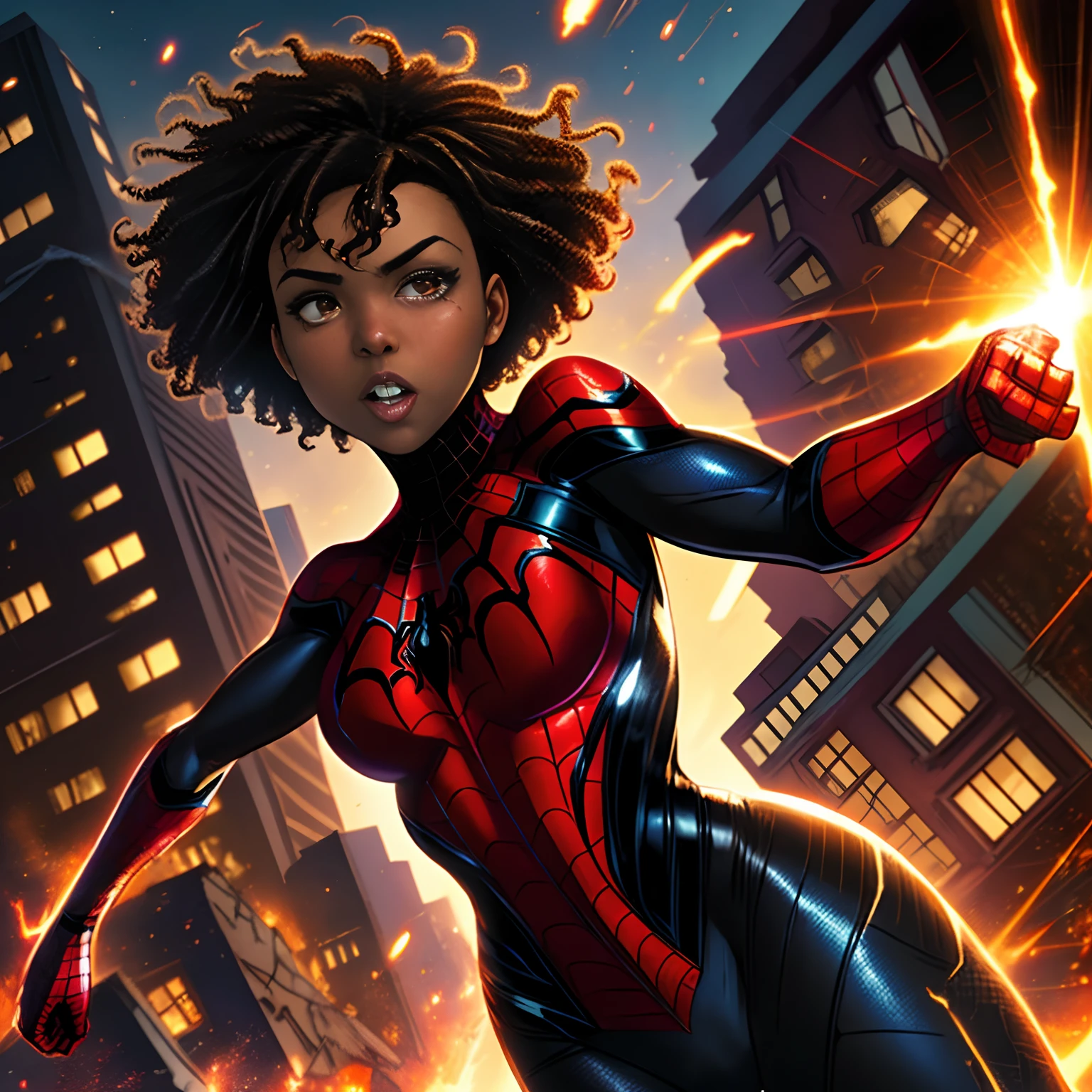 in marvel comic style create a
short brown curly hair, light skin girl with a black spider man suit punching carnage in the middle of a destroyed city