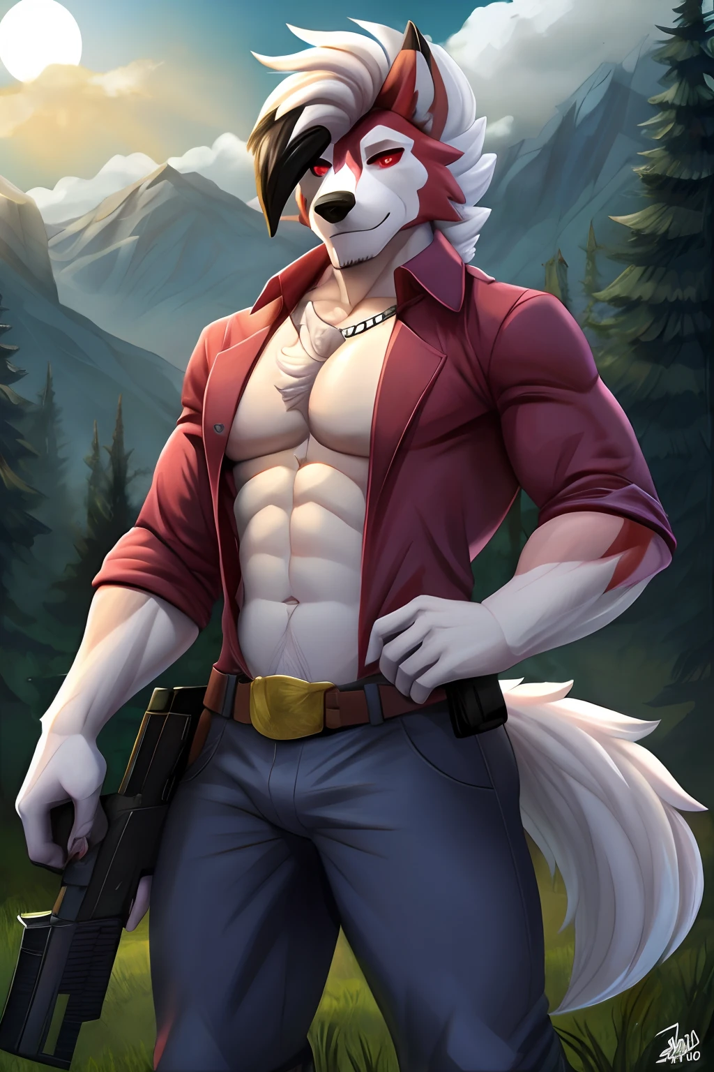 seguro, Beautiful, incredible, impressionante, poster, sozinho, (Twilight Lycanroc), antro, Clothes, usando roupas da segunda guerra alemanha , jaqueta de couro, with a gun in hand, com chapeu de general, Pants, Antecedentes detalhados, cidade, Outside, corpo fisico forte, grande peitorais estufados marcado na roupa de guerra alemanha grandes, macho, man, men