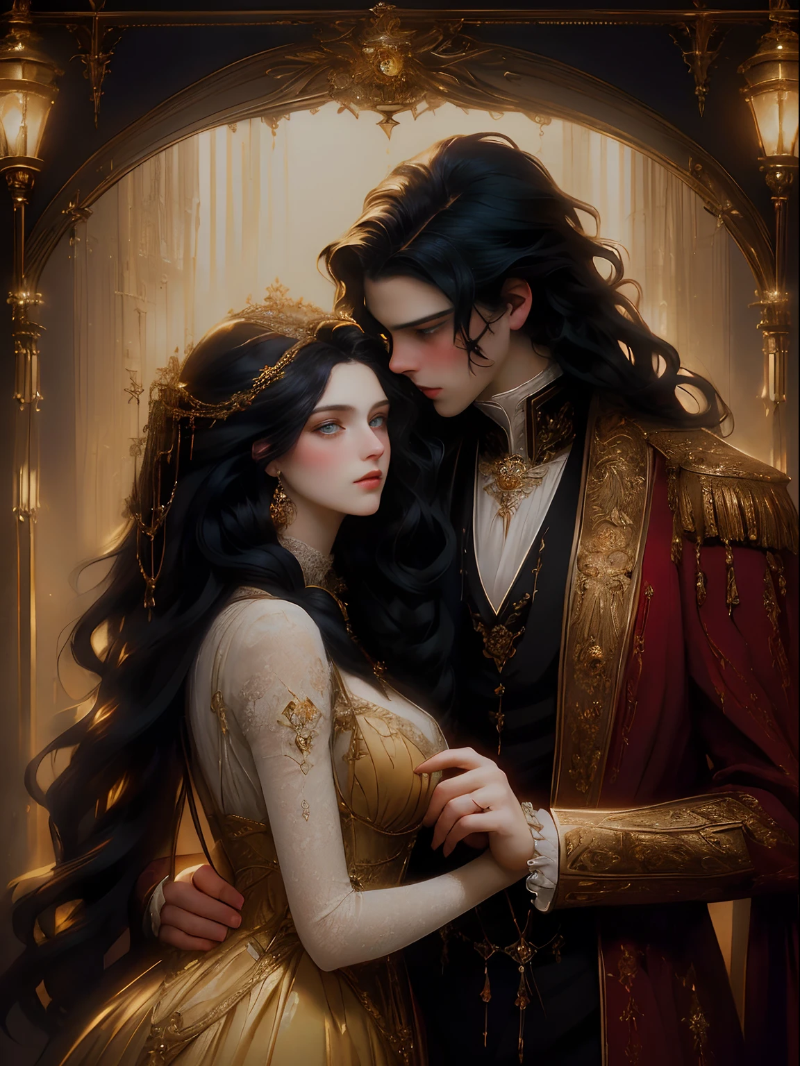 ((masterpieces)), best quality, exceptional illustration, a couple kissing, soft focus, 1 boy with short black hair, BLUE EYES, 1 girl with long wavy red hair, GOLDEN YELLOW EYES, Victorian clothing, Victorian romanticism, opulent and exquisite atmosphere, soft light and warm lighting.