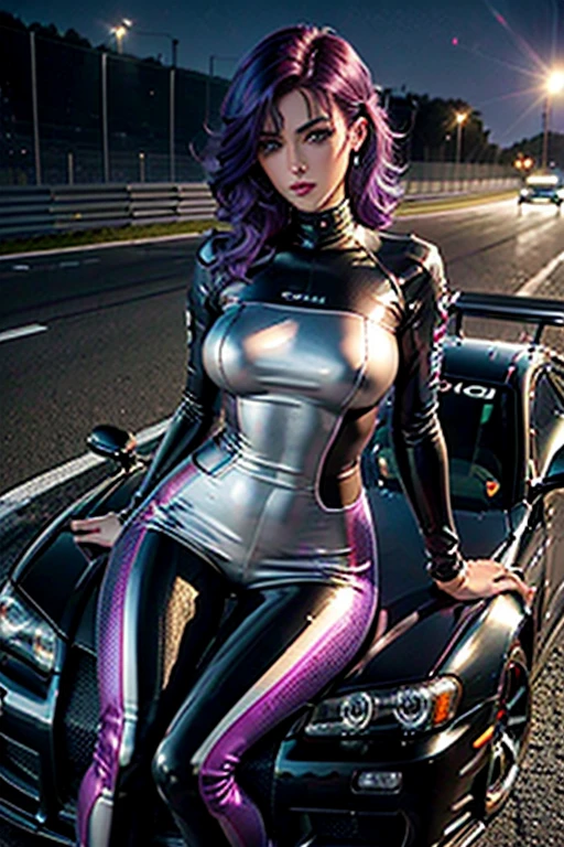 A girl leans on a car , Race pilot, Race driver, FullBody suit, Racetrack at Night, Neon lights , Spotlights, blushing face , Dark and purple hair, Eye Shadow,,Dark lips, Shiny Hair (Best quality:1.1), (Masterpiece:1.4), 1fille, (cheveux volumineux)+ , ((cheveux)++, cheveux longs , (Yeux Bleux) , peau brillante, brillant, Detailled car, High resolution, good proportions