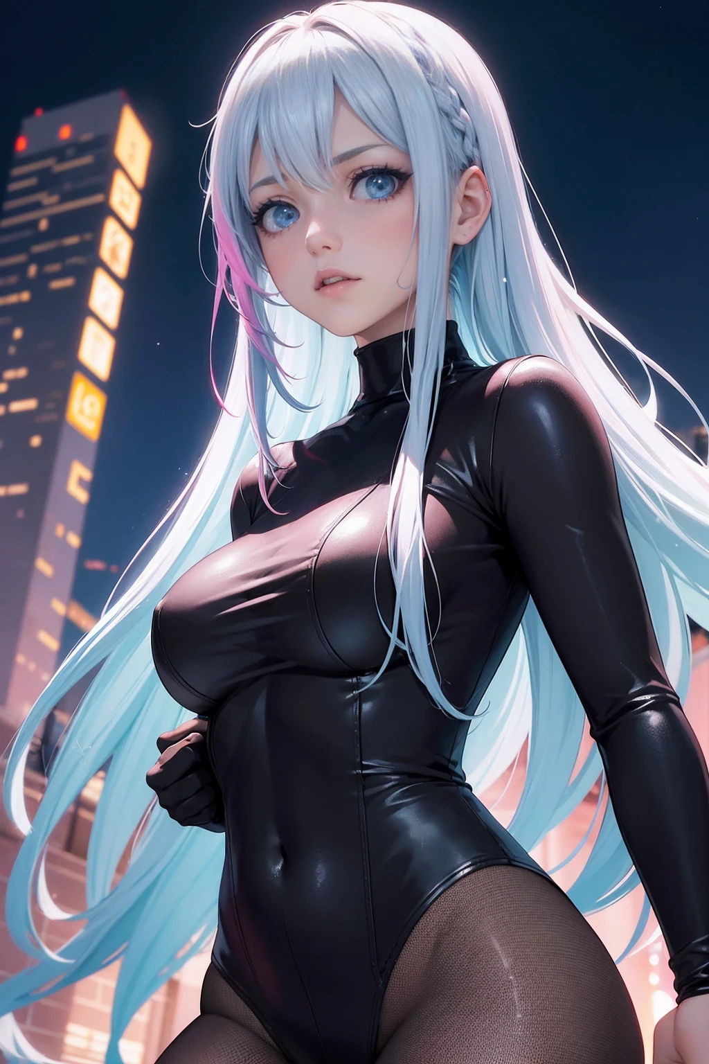 Mujer semi-desnuda ropa transparente futurista de anime en la ciudad nocturna con luces de colores brillando en su piel, Cabello corto blanco y azul pastel de color rosa, Ojos morados pastel, pechos enormes, escote profundo, Pastel dyed hair, cabello naturalmente blanco, Antecedentes altamente detallados, Fondo de pantalla de 8k, (Cara y ojos detallados:1.4), (cabello detallado:1.3), (warm lighting:1.5), (Dynamic Angle), (dynamic pose), (dynamic background), (Experiencia visceral), intense emotion, Ojos altos y detallados, (Sombras), (RGB LED lighting), pelo corto, hair naturally dyed pink white blue and green, Las luces de colores brillan, Edgerunners cyberpunk, Escaso atuendo, Abdomen expuesto, Altos hipsters, sombra de ojos roja.