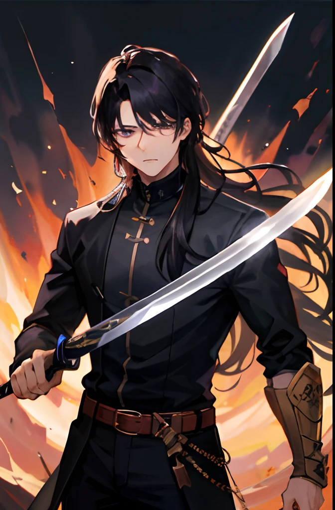 1boy, bangss, A dark-haired, Black shirt, trouser、hair between eye, Long-haired straight、Great sword、 swordsmen 、Highly detailed and anatomically correct, Sharp Images, digitial painting, concept-art、Hold your sword、Viola、１Book sword、glam、Long sword、Purple aura on the sword、ember