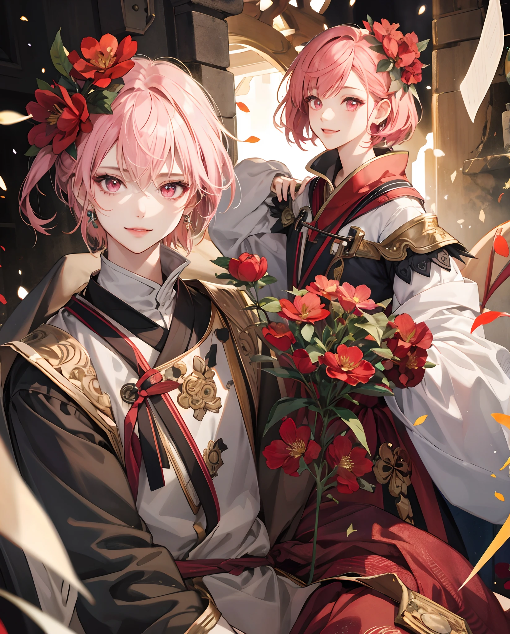 masterpiece、top-quality、超A high resolution、2D beautiful girl、animesque、s girl、Peachy Hair、short-haired、Looks like a red flower dragon、Beautiful pink eyes、The clothes are also depicted in detail、Eyes are depicted in detail、The face is depicted in detail、Sorcerer、Soio、Full body front、Gentle smile、hair adornments、animesque、illustratio