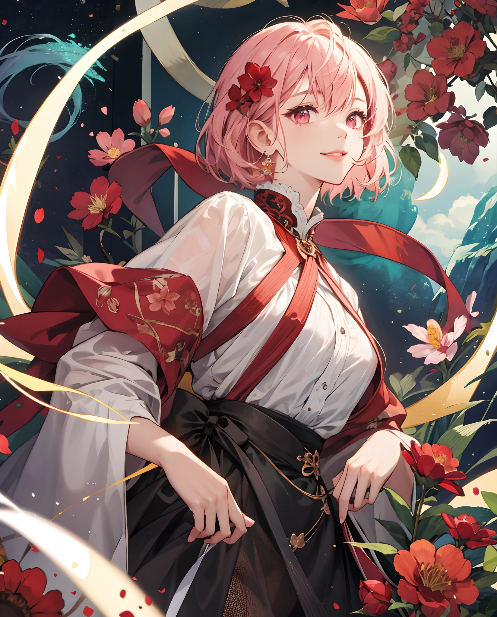 masterpiece、top-quality、超A high resolution、2D beautiful girl、animesque、s girl、Peachy Hair、short-haired、Looks like a red flower dragon、Beautiful pink eyes、The clothes are also depicted in detail、Eyes are depicted in detail、The face is depicted in detail、Sorcerer、Soio、Full body front、Gentle smile、hair adornments、animesque、illustratio