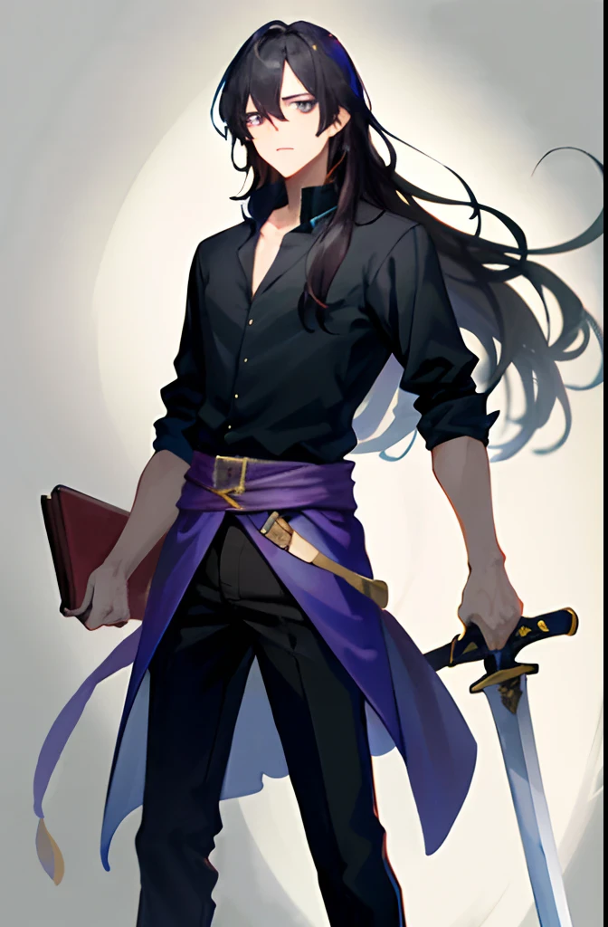 1boy, bangss, A dark-haired, Black shirt, trouser、hair between eye, Long-haired straight、Great sword、 swordsmen 、Highly detailed and anatomically correct, Sharp Images, digitial painting, concept-art、Hold your sword、Viola、１Book sword、glam、Long sword、Purple aura on the sword、ember