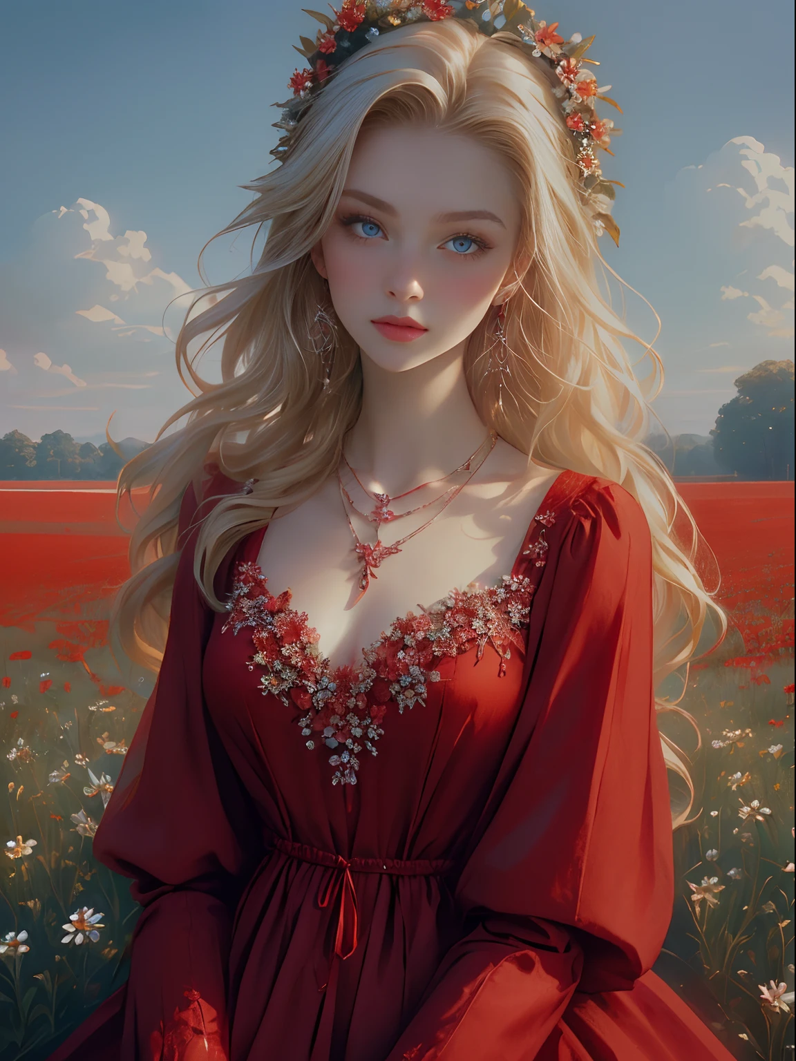 1 girl lies, in a field of flowers, Red dress, flor branca, Earrings, view the viewer, Blue eyes, Red ribbon, necklace, Long sleeves, Blonde hair, Short hair, Daisies