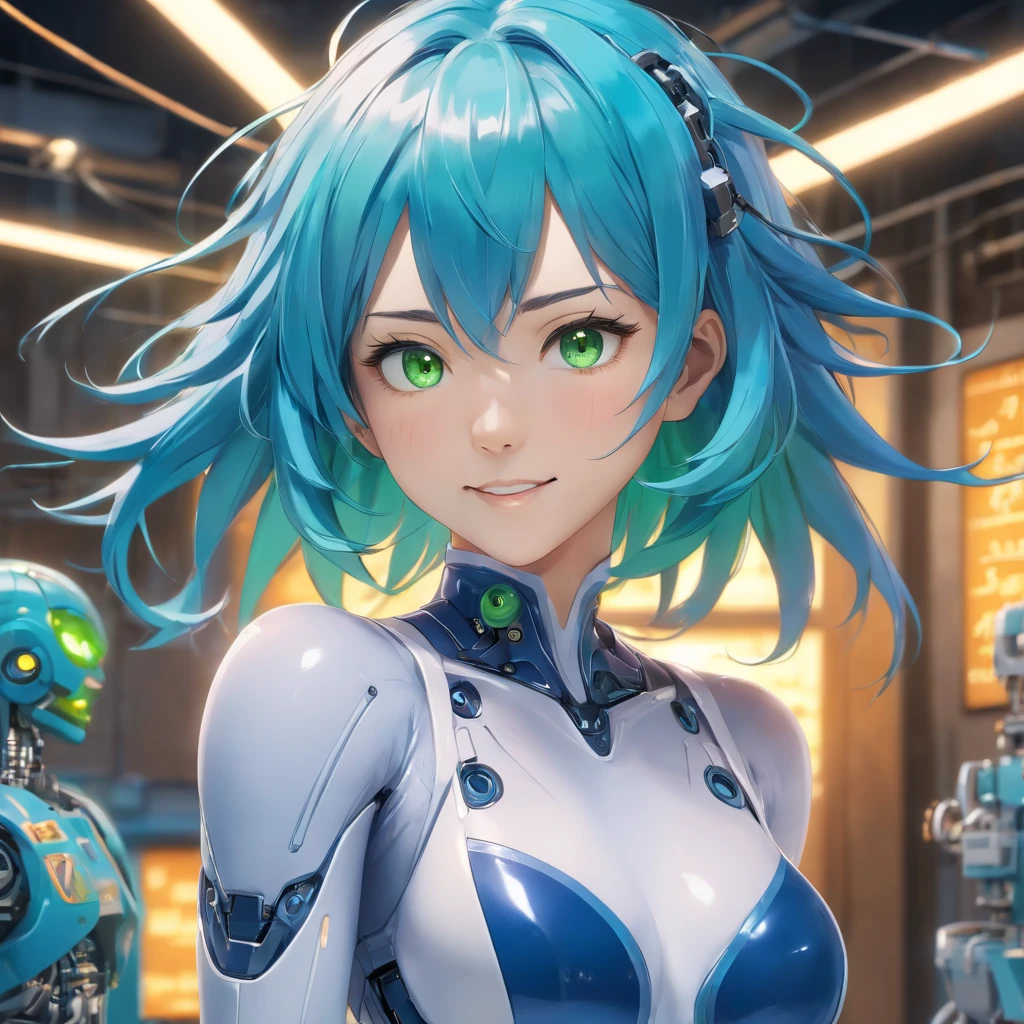 evil (mean) porcelain woman android, wicked smile, evil smile, fangs, cyborg, robotic parts, 150 mm, full body, beautiful studio soft light, rim light, vibrant details, lace, hyperrealistic, anatomical, electric wires, microchip, elegant, laboratory in the background, octane render, H.R Giger style, blue hair, long hair, translucent plastic body, serene glowing eyes, green eyes, Miki Asai Macro photography, full body, hyper detailed, trending on artstation, sharp focus, studio photo, intricate details, highly detailed, by greg rutkowski, 8k