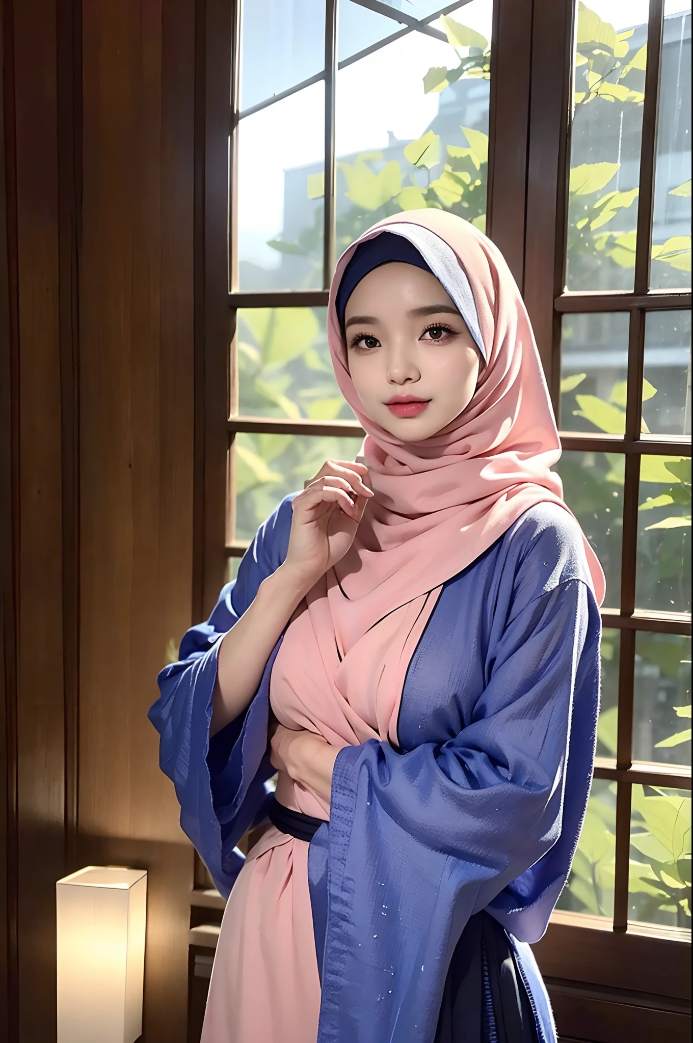 .masutepiece:1.2, Best Quality), Realistic, (real picture, Intricate details, depth of fields), (1girl in, Solo), make up, Parted lips, ighly detailed, Perfect face, (Skindentation), glossy coral lips, (Girl in a full hijab, Islamic clothing), Blushing, Raiden Baal (Raiden Shougn) From Genshin Impact,Highly detailed hands,