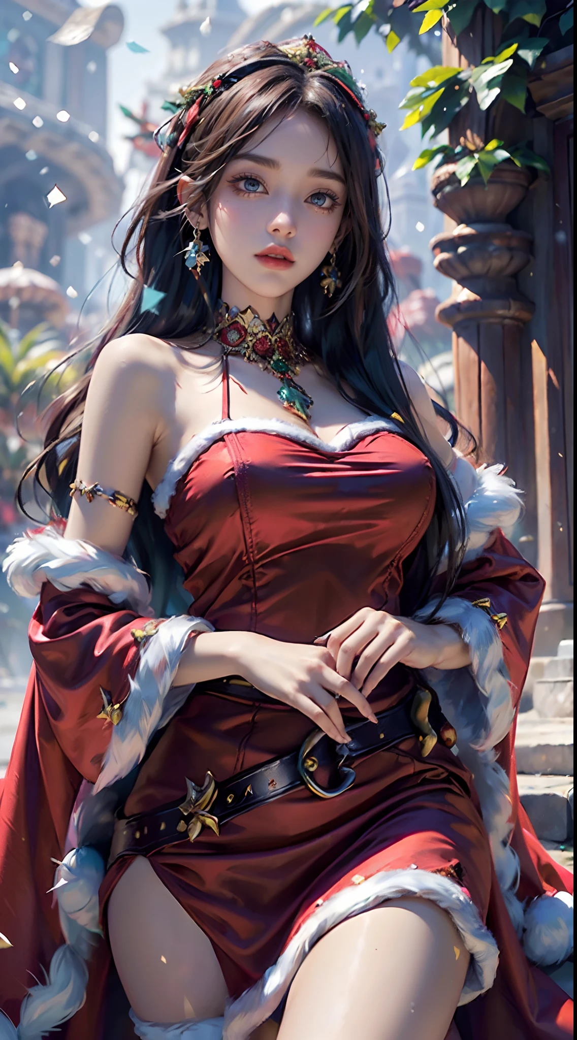 mejor calidad，tmasterpiece，ultimate resolution，Suave，extremadamente colorido，De color，Princesa sirena，(Vestido con el traje de Santa Claus:1.4)，Medias de tirantes negras，Starrysky Android!,More detailed 8K.motor irreal:1.4,UHD,La mejor calidad:1.4, fotorrealista:1.4, textura de la piel:1.4, obra maestra:1.8,obra-prima, mejor calidad,objeto Objeto], (detailed face features:1.3),(fondo bosque de pinos blancos azul:1.4),(cabello rosado largo:1.4),（Beautiful and detailed eye description）,(manos detailed:1.4), (mostrando panties:1.4),(red vestido corto santa claus:1.4)
