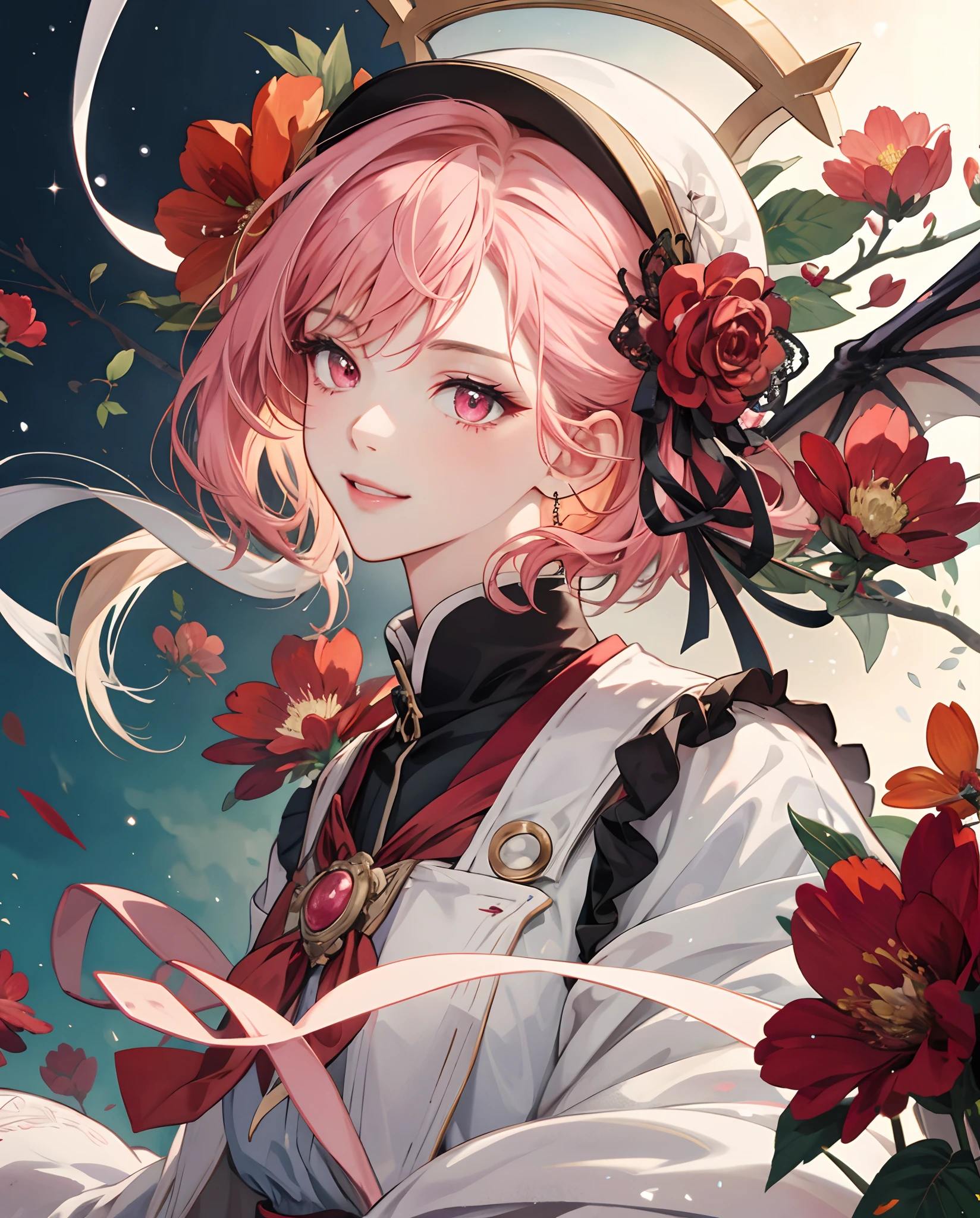​masterpiece、top-quality、超A high resolution、2D beautiful girl、animesque、s girl、Peachy Hair、short-haired、Looks like a red flower dragon、Beautiful pink eyes、The clothes are also depicted in detail、Eyes are depicted in detail、The face is depicted in detail、Sorcerer、Soio、Full body front、Gentle smile、hair adornments、animesque、illustratio