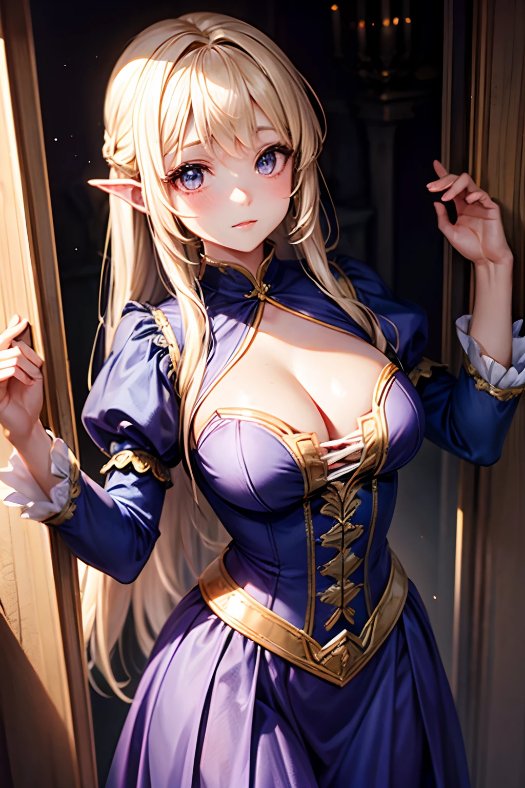 Rapunzel girl con vestido transparente provocadora pegado al cuerpo cabello blanco hermosos ojos grandes mirando al espectador
