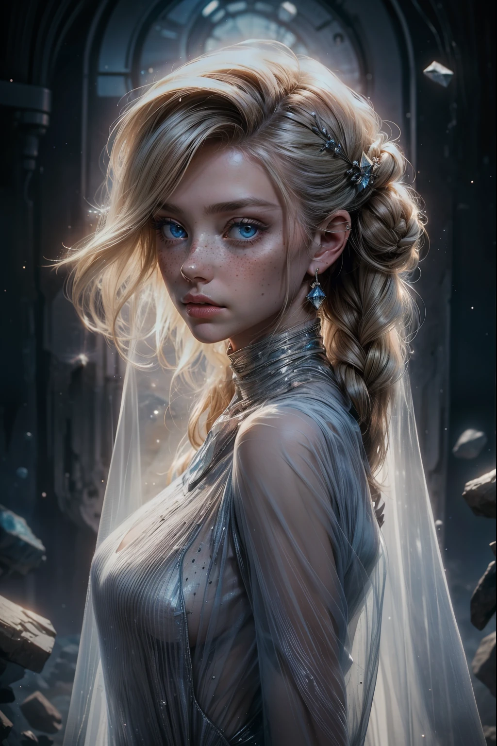 1girl, gorgeous, freckles, blonde, blue eyes, (wearing linen see through dress:1.2), outer space, dry rocks environment, Interstellar, Surrealism, Dreamy dim daylight, glass shards, space fragmentation, re ghotion, minimalism, emptiness, spaciousness, fain...