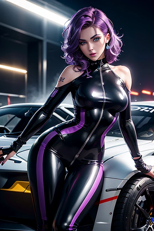 A girl leans on a car , Race pilot, Race driver, FullBody suit, Racetrack at Night, Neon lights , Spotlights, blushing face , Dark and purple hair, Eye Shadow,,Dark lips, Shiny Hair (Best quality:1.1), (Masterpiece:1.4), 1fille, (cheveux volumineux)+ , ((cheveux)++, cheveux longs , (Yeux Bleux) , peau brillante, brillant, Detailled car, High resolution, good proportions