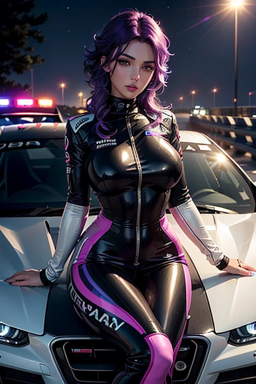 A girl leans on a car , Race pilot, Race driver, FullBody suit, Racetrack at Night, Neon lights , Spotlights, blushing face , Dark and purple hair, Eye Shadow,,Dark lips, Shiny Hair (Best quality:1.1), (Masterpiece:1.4), 1fille, (cheveux volumineux)+ , ((cheveux)++, cheveux longs , (Yeux Bleux) , peau brillante, brillant, Detailled car, High resolution, good proportions