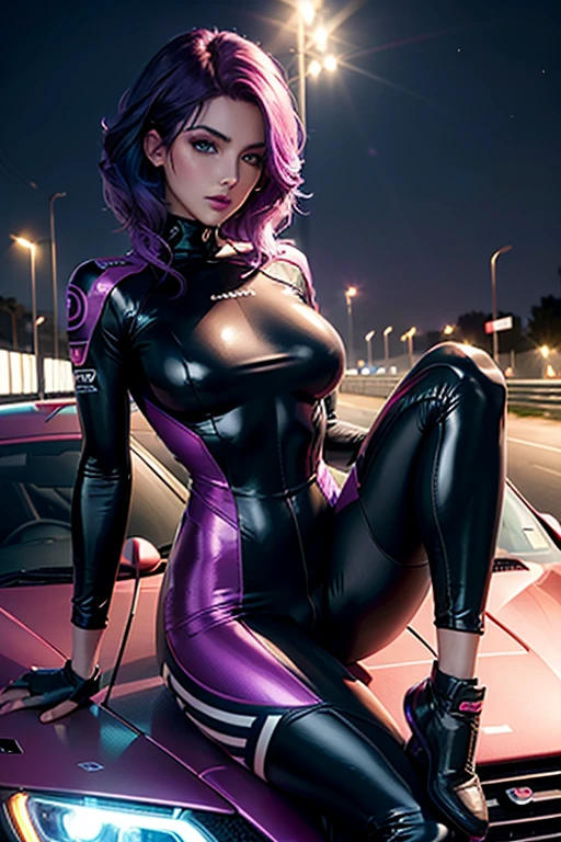 A girl leans on a car , Race pilot, Race driver, FullBody suit, Racetrack at Night, Neon lights , Spotlights, blushing face , Dark and purple hair, Eye Shadow,,Dark lips, Shiny Hair (Best quality:1.1), (Masterpiece:1.4), 1fille, (cheveux volumineux)+ , ((cheveux)++, cheveux longs , (Yeux Bleux) , peau brillante, brillant, Detailled car, High resolution, good proportions