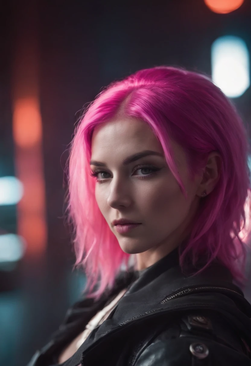 nicole, sensual cyberpunk neon segurando arma pink hair