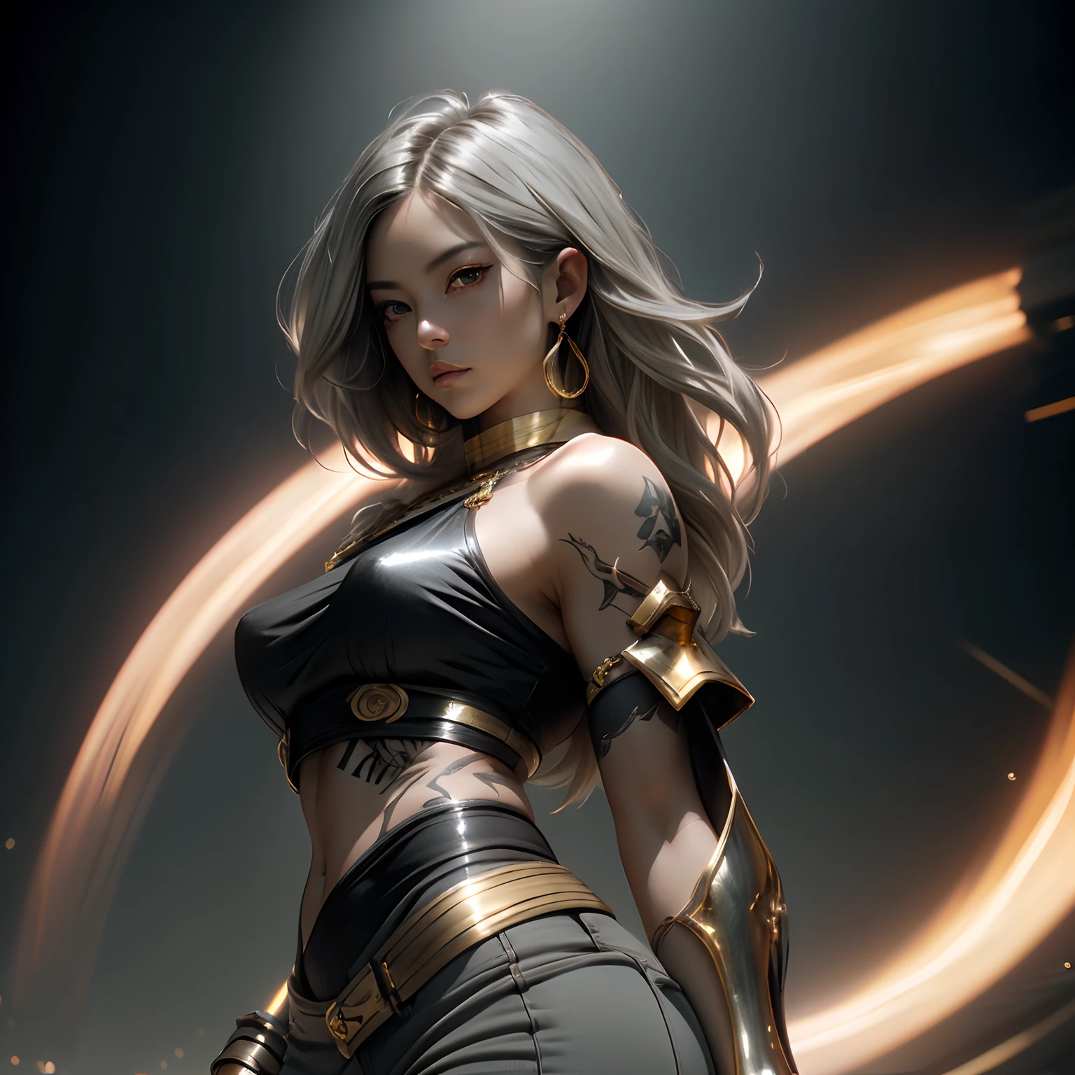 (Realistic, masterpiece, ethereal, cosmic, prism colors background, vivid light, refracting light, surreal aesthetic, cinematic lighting), (1female, Asian milf, wide face, beautiful face, black armor with gold accents, heavy chest plate, heavy shoulder plates, halter neck guard, intense eyes, perfect eyes, gray eyes, skinny physique, hourglass shape, shiny hair, confident stance, arched back, small tattoos, long messy layered hair, platinum color hair), (facing viewer, action shot, back arched, wind blown)