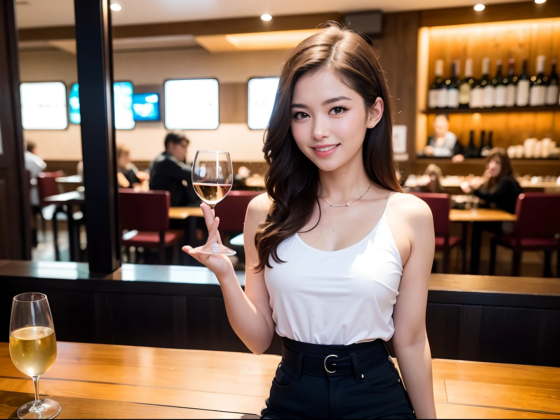 (64K, UHD, top quality, masterpiece: 1.2), (realistic, photorealistic: 1.37), super detailed, pretty woman 1, (slim face), (slim body), (brown hair), (short cut), cheeks slightly blushing, (40 years old), 38 years old, solo, beautiful detailed urban night view outside the window, restaurant, wine glass sitting, at night, in a prominent place (from the waist up) NovaFrogStyle, Actress, Model, Waist Up, White Wine, Slim, Wine Glass, Super Clean Night View, Wine Glass Put in the Middle, Happy Smile, (Smile: 1.15), Beautiful Fine Eyes, Upper Body, Bust Japan Up, Night, Short, Short, Actress, Model, Waist Up, White Wine, Slim, Wine Glass, Super Clean Night View, Wine Glass Put in the Middle, Happy Smile,
