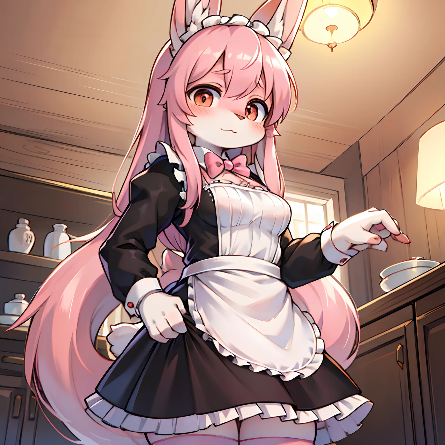 furry, Furry women, bara, Full body, Holland lop breed rabbits, Round rabbit tail, Pink rabbit tail, Pink rabbit ears, Rabbits with drooping ears, long-haired, Long pink hair, Dress in maid uniform, Black maid dress, Detailed, Bow on white bow neck, Open below, Striped lingerie, Pink alternating with white stripes, Pull up skirt, Inside the house, standing pose, red face, Make a face >⁠.⁠<,