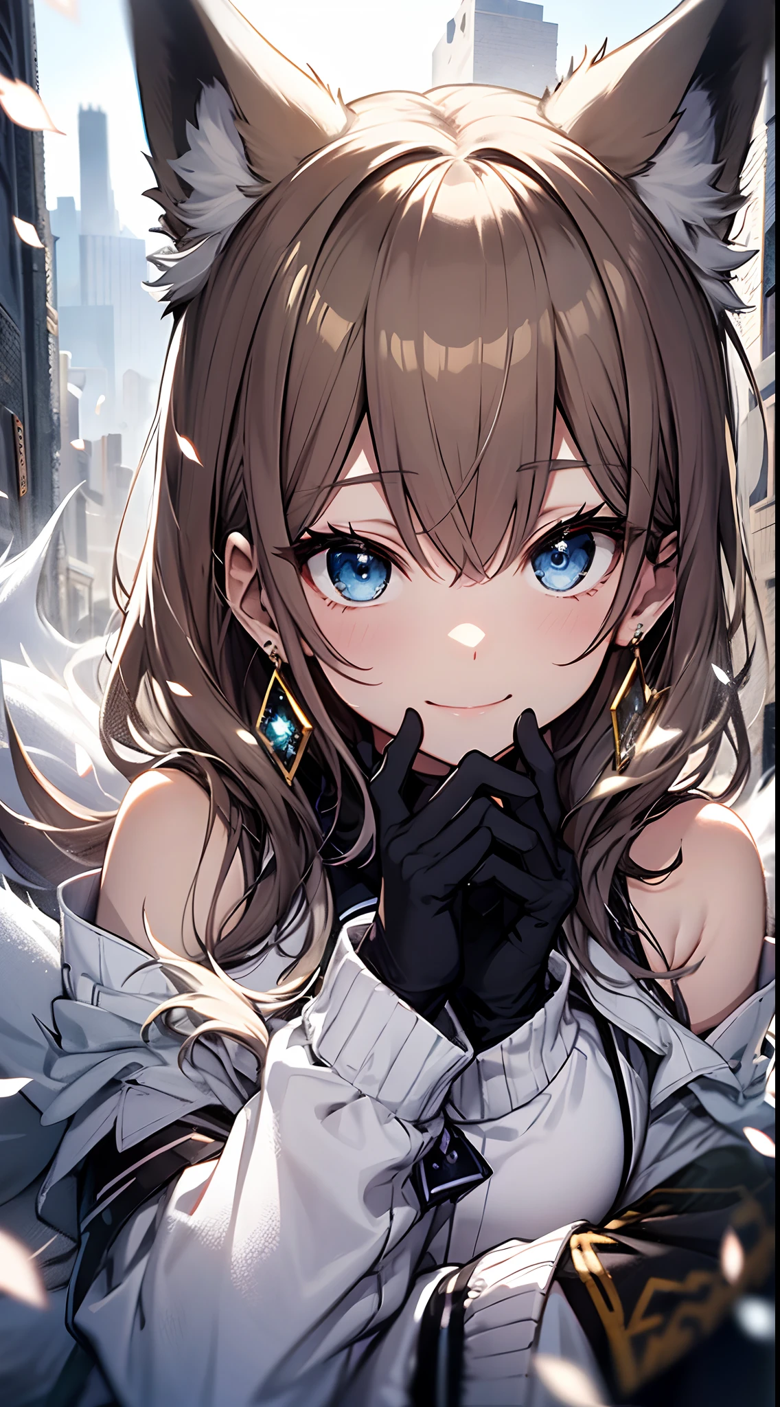 ((tmasterpiece:1.4,best qualtiy))+,(Hyper-detailing)+,(Ultra-detailed eyes)+,(White fox ears:1.5),
(cute1girl),15year old,(Sky blue eyes:1.15),with short dark brown hair,Long brown braids,Fluffy hair(wariza:1.2),paleskin,ssmile,A seductive smile
(She wears a conservative white warm suit,Gold pattern,Lots of fluff:1.5),(black glove:1.4)Very long sleeves,
Black earrings,Slim legs,Shrines,Red deciduous leaves,Ink Phantom,gem jewelry,Snow Mountain Bazaar
(Fluffy fox tail:1.1),
(Dawn light:1.2),White fox,
(Heavy black and white:1.16),(depth of fields:1.4),,Complicated details,