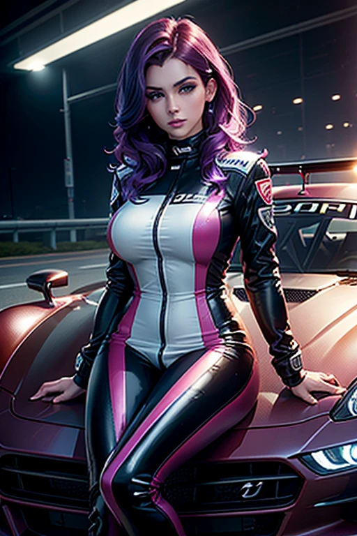 A girl leans on a car , Race pilot, Race driver, Race Fireproof suit, Racetrack at Night, Neon lights , Spotlights, blushing face , Dark and purple hair, Eye Shadow,,Dark lips, Shiny Hair (Best quality:1.1), (Masterpiece:1.4), 1fille, (cheveux volumineux)+ , ((cheveux)++, cheveux longs , (Yeux Bleux) , peau brillante, brillant, Detailled car, High resolution, good proportions