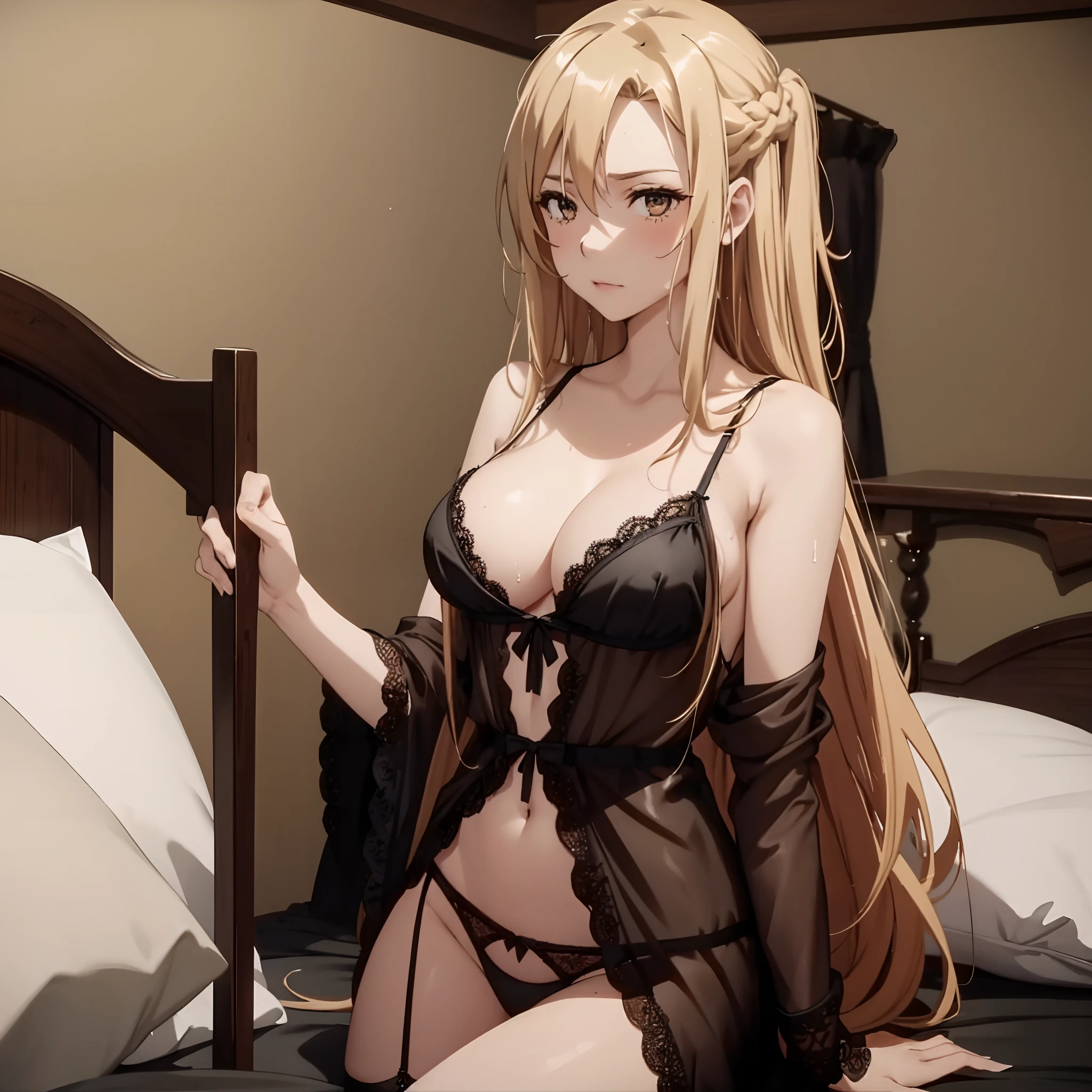 1girl, long hair, blonde hair, brown eyes, large breast, black nightgown, black bra, black lace panties, black stocking, she wet, drenched, nipple standing out, nipple perked out from under bra, inside, lying on top of bed, looking at viewers,