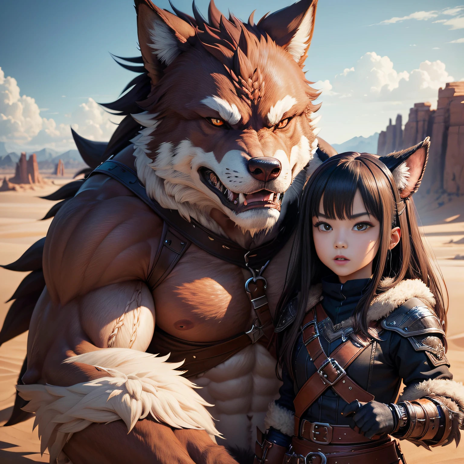 超A high resolution、An ultra-high picture quality、8K、Detailed details、marvelous expression、1 male、The big wolf monster is your sidekick、Monster Hunter Character Costumes、Has a big ax、Vast desert background、