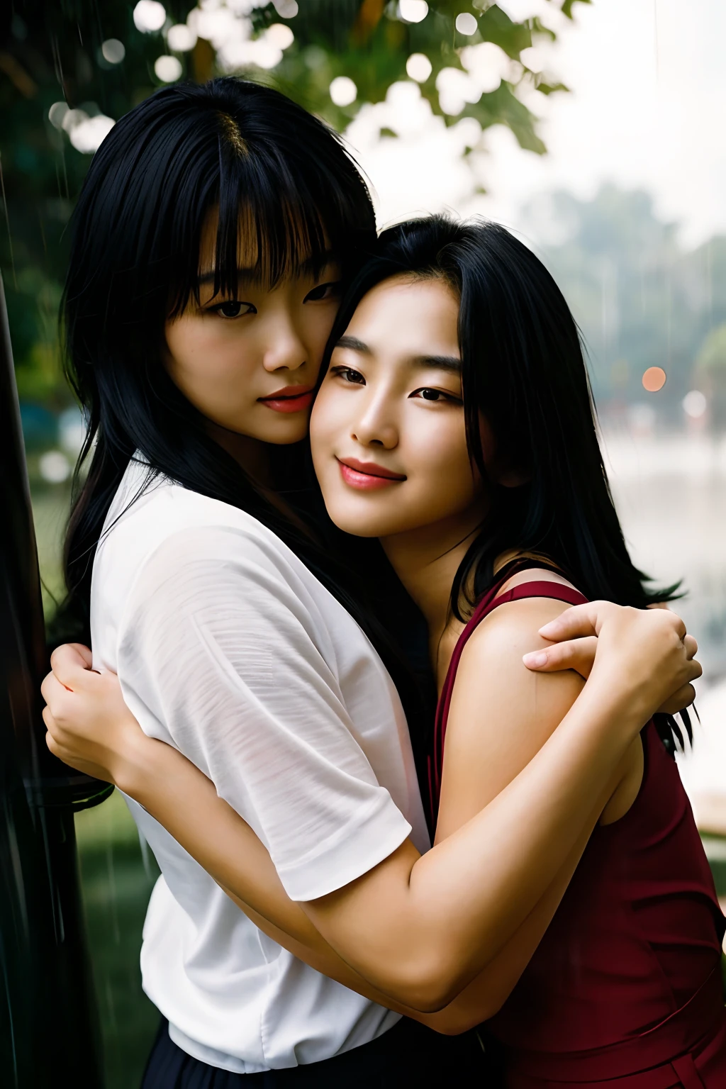 a couple of black and Asian lovers, 2 women, hugging each other, outdoor, under rainfall
soft light, exposure blend, medium shot,