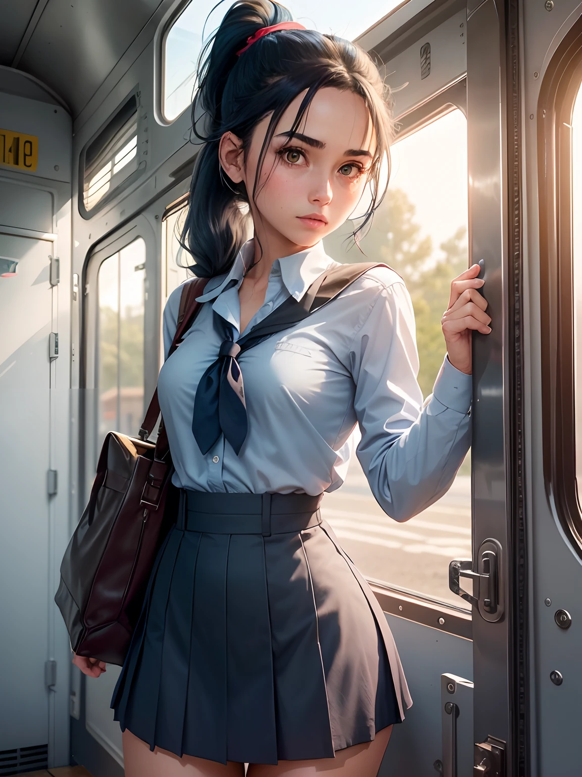 1girl in, Solo, Laura S. Alceid (long dark blue hair, Ponytail and side van, small tit), (Inspired by the trail of cold steel) In a school dress showing off her panties, In military schools, embarrassed