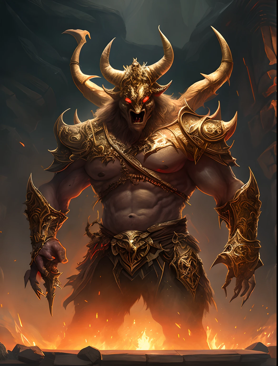 there is a large horned creature standing in a dark room, minotaur from path of exile, diablo digital concept art, muscled humanoid balrog demon, ornate supreme demon overlord, diablo concept art, minotaur in ancient armor, doom eternal concept art, demon armor, demon soul concept art, wojtek fus, fit male demon with white horns